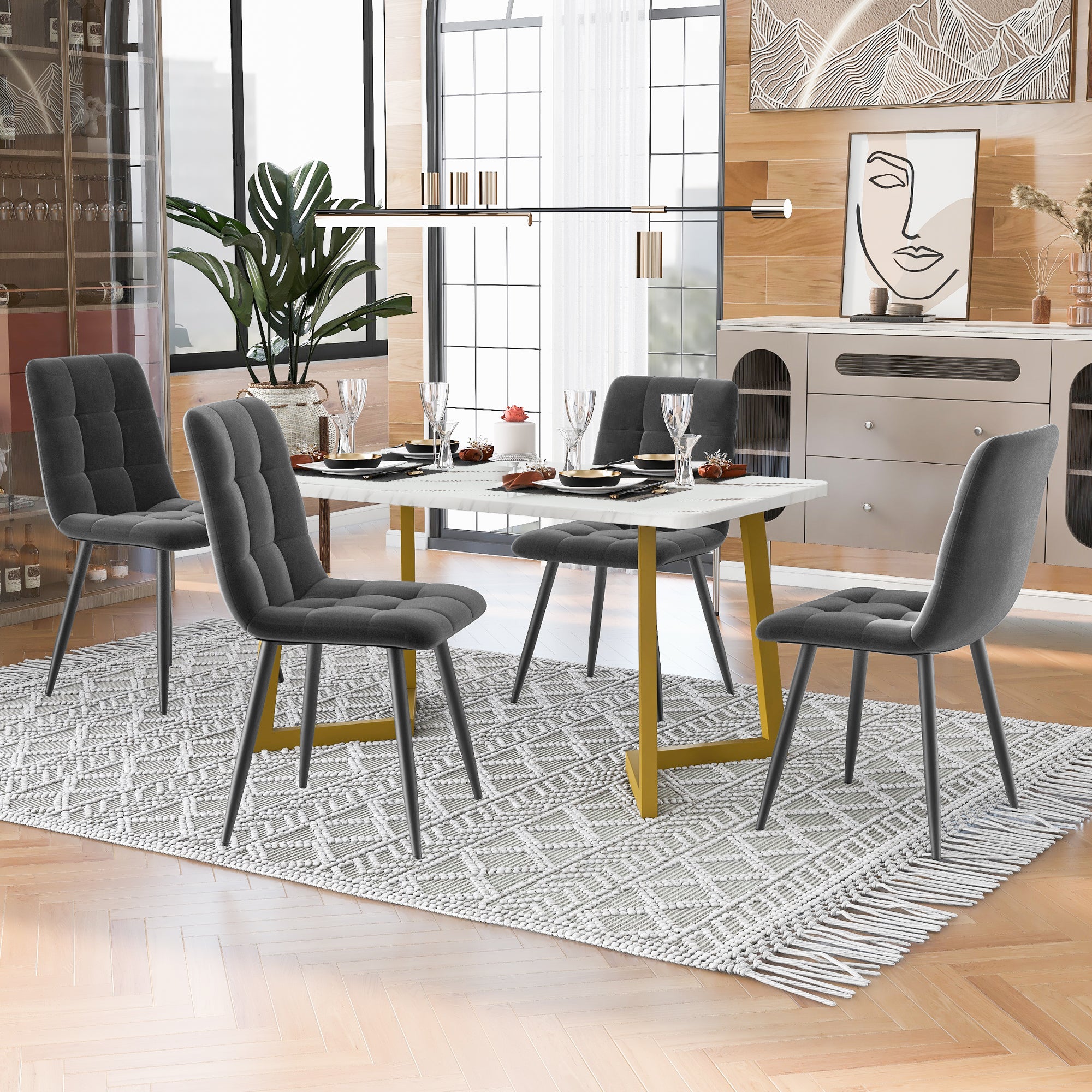117×68cm Dining Table with 4 Chairs Set, Rectangular Dining Table Modern Kitchen Table Set,Dining Room Chair  dark grey Velvet Kitchen Chair,Golden Table Legs