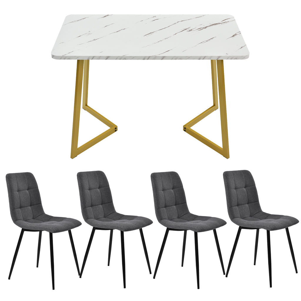117×68cm Dining Table with 4 Chairs Set, Rectangular Dining Table Modern Kitchen Table Set,Dark Grey Linen Dining Chair,Goden Table Legs