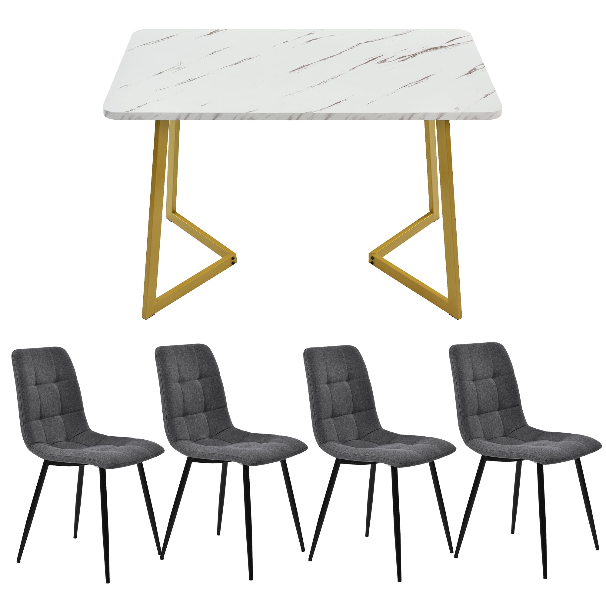 117×68cm Dining Table with 4 Chairs Set, Rectangular Dining Table Modern Kitchen Table Set,Dark Grey Linen Dining Chair,Goden Table Legs