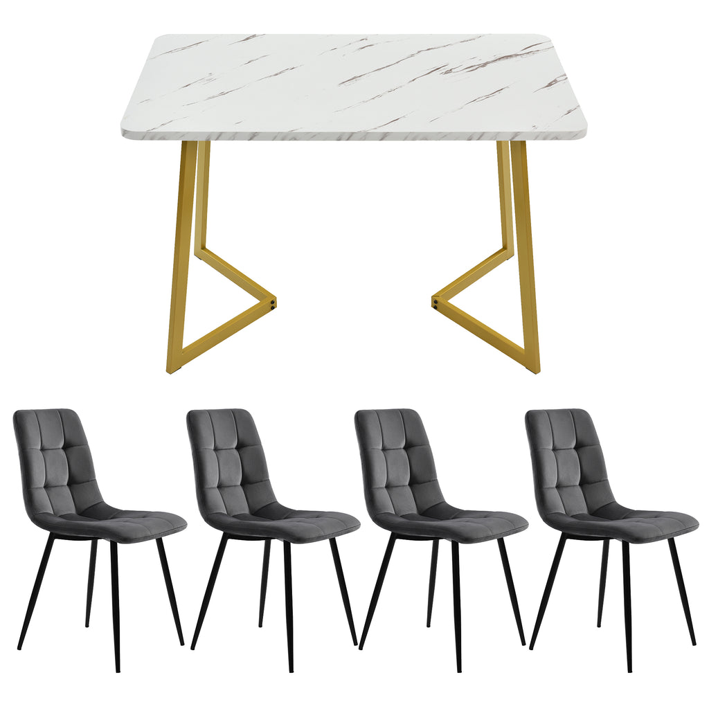 117×68cm Dining Table with 4 Chairs Set, Rectangular Dining Table Modern Kitchen Table Set,Dining Room Chair  dark grey Velvet Kitchen Chair,Golden Table Legs
