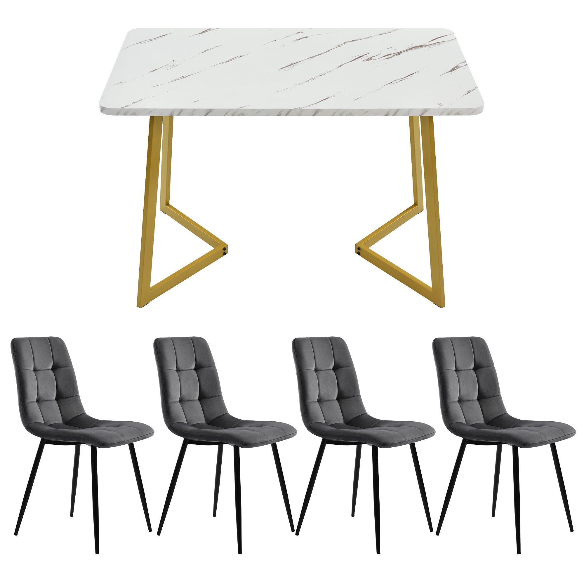 117×68cm Dining Table with 4 Chairs Set, Rectangular Dining Table Modern Kitchen Table Set,Dining Room Chair  dark grey Velvet Kitchen Chair,Golden Table Legs