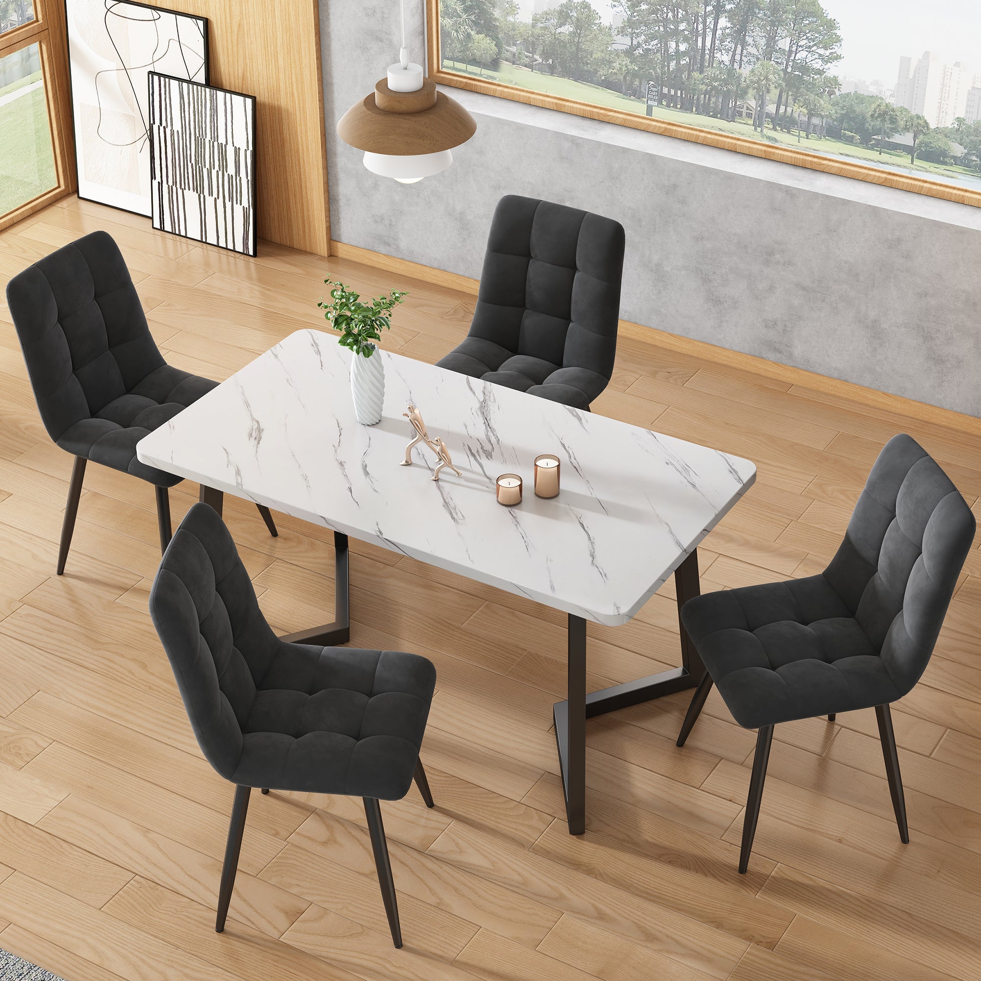 117×68cm Dining Table with 4 Chairs Set, Rectangular Dining Table Modern Kitchen Table Set,Dining Room Chair  dark grey Velvet Kitchen Chair,Black Table Legs