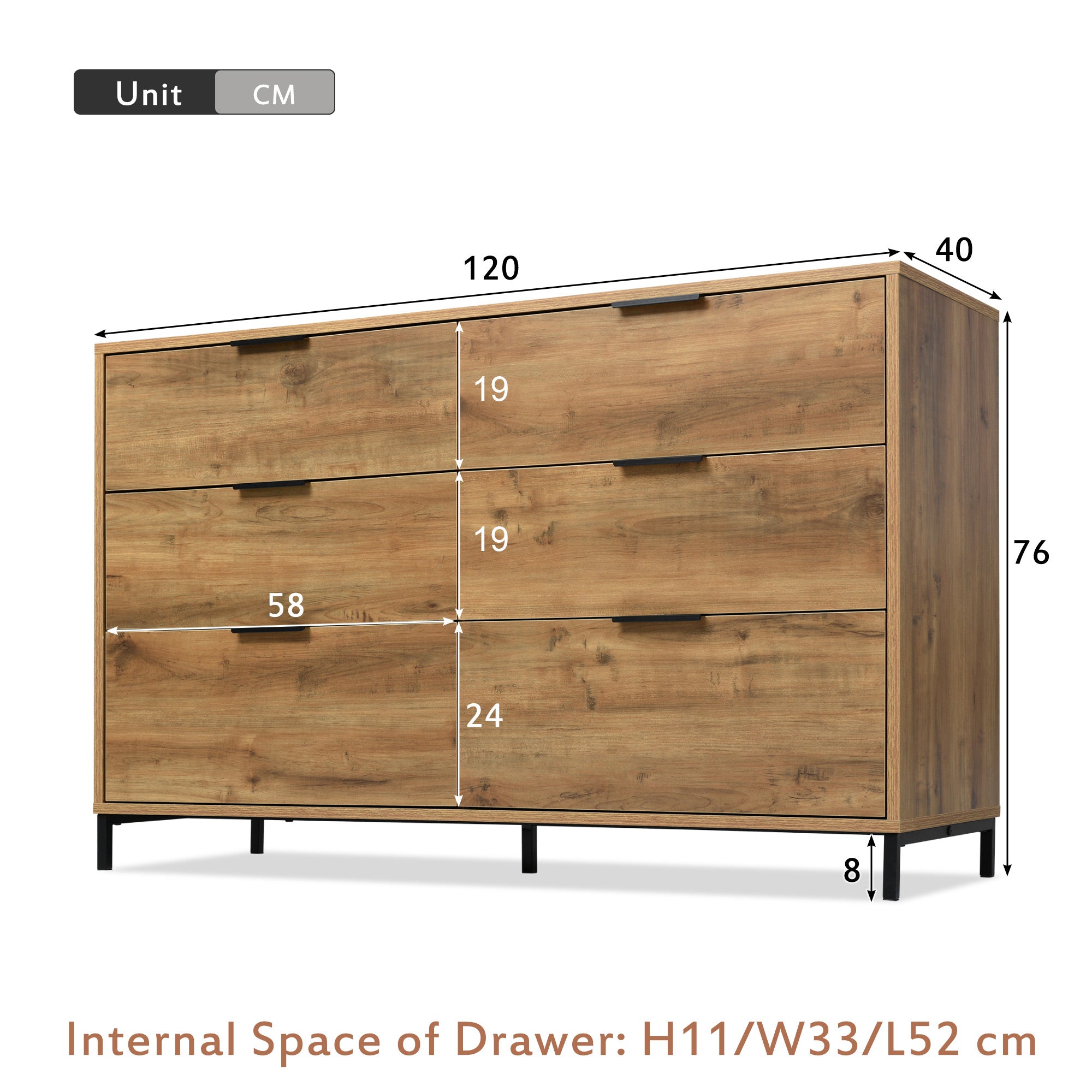 Sideboard Cabinet for Living Room, Chest of Drawers with 6 drawers, Dark Oak, 40D x 120W x 76H centimetres