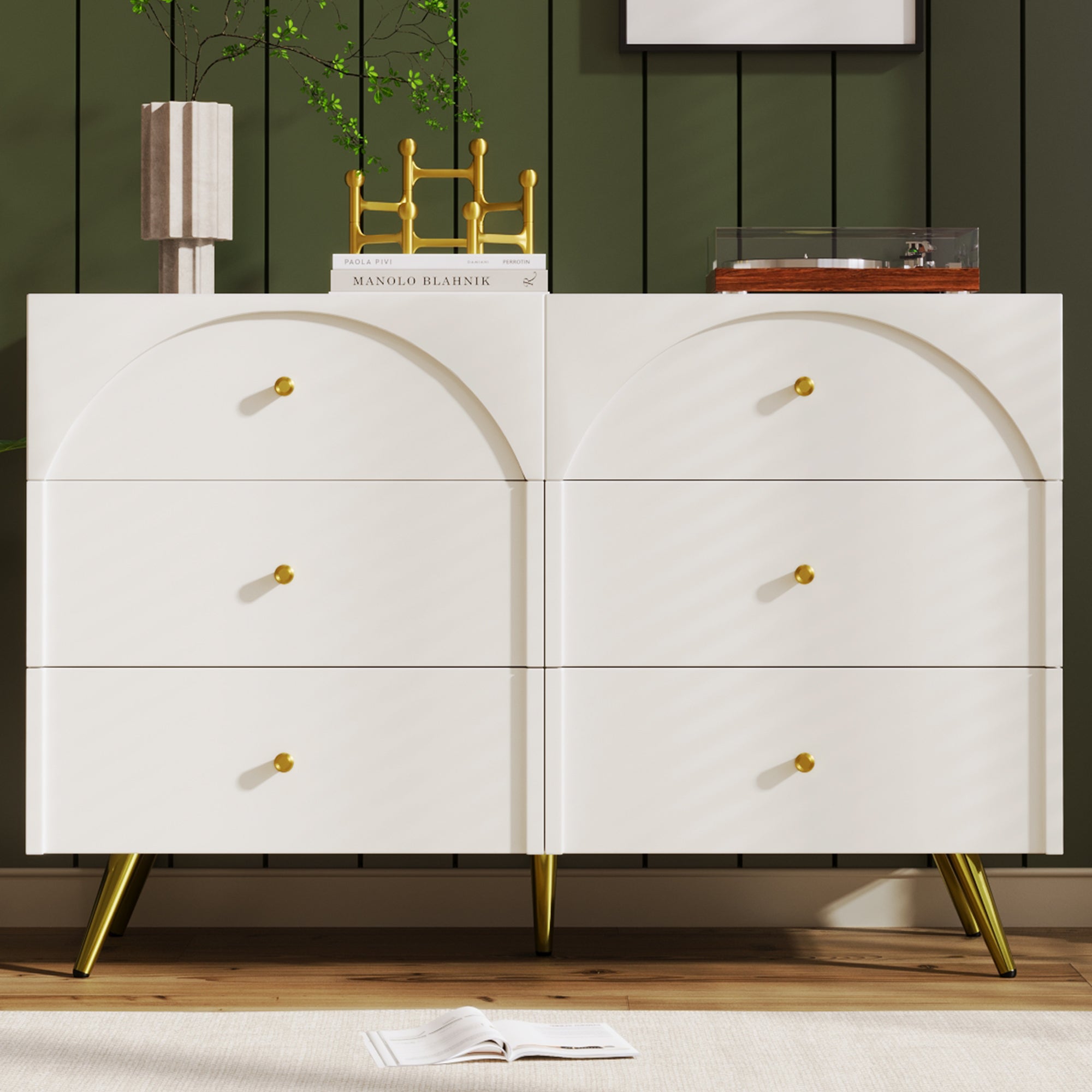 Sideboard Cabinet for Living Room, Chest of Drawers with 6 drawers, Cream White, 40D x 120W x 85H CM