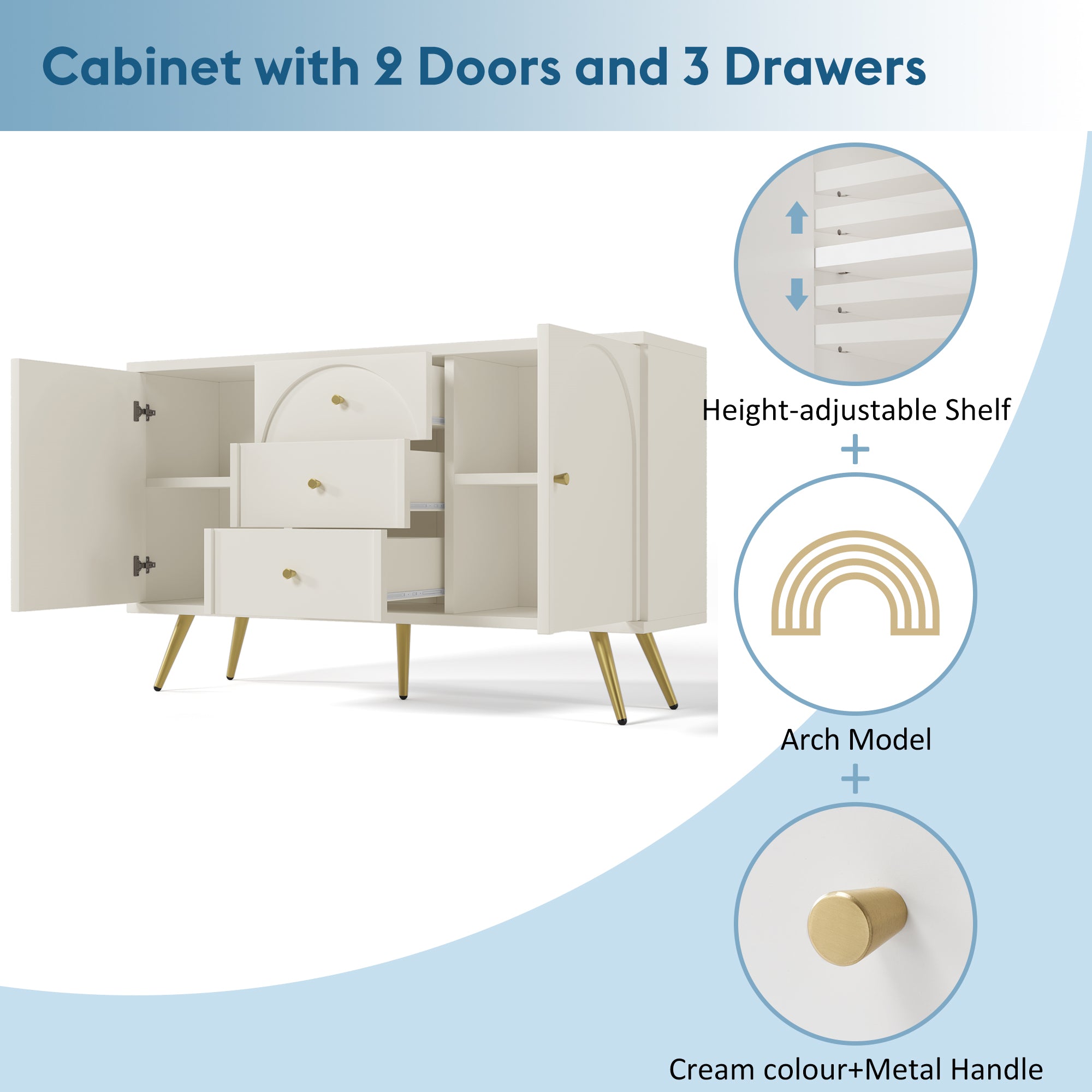 Sideboard Cabinet for Living Room, Chest of Drawers with 2 doors and 3 drawers, Adjustable shelf, Cream White, 40D x 140W x 84H CM