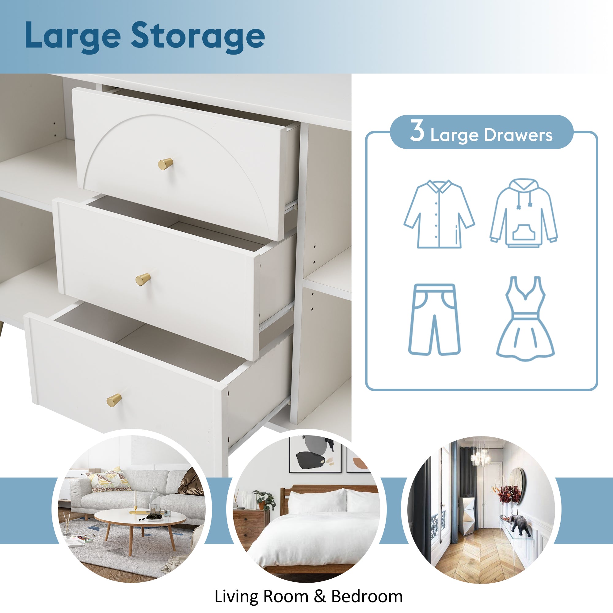 Sideboard Cabinet for Living Room, Chest of Drawers with 2 doors and 3 drawers, Adjustable shelf, Cream White, 40D x 140W x 84H CM