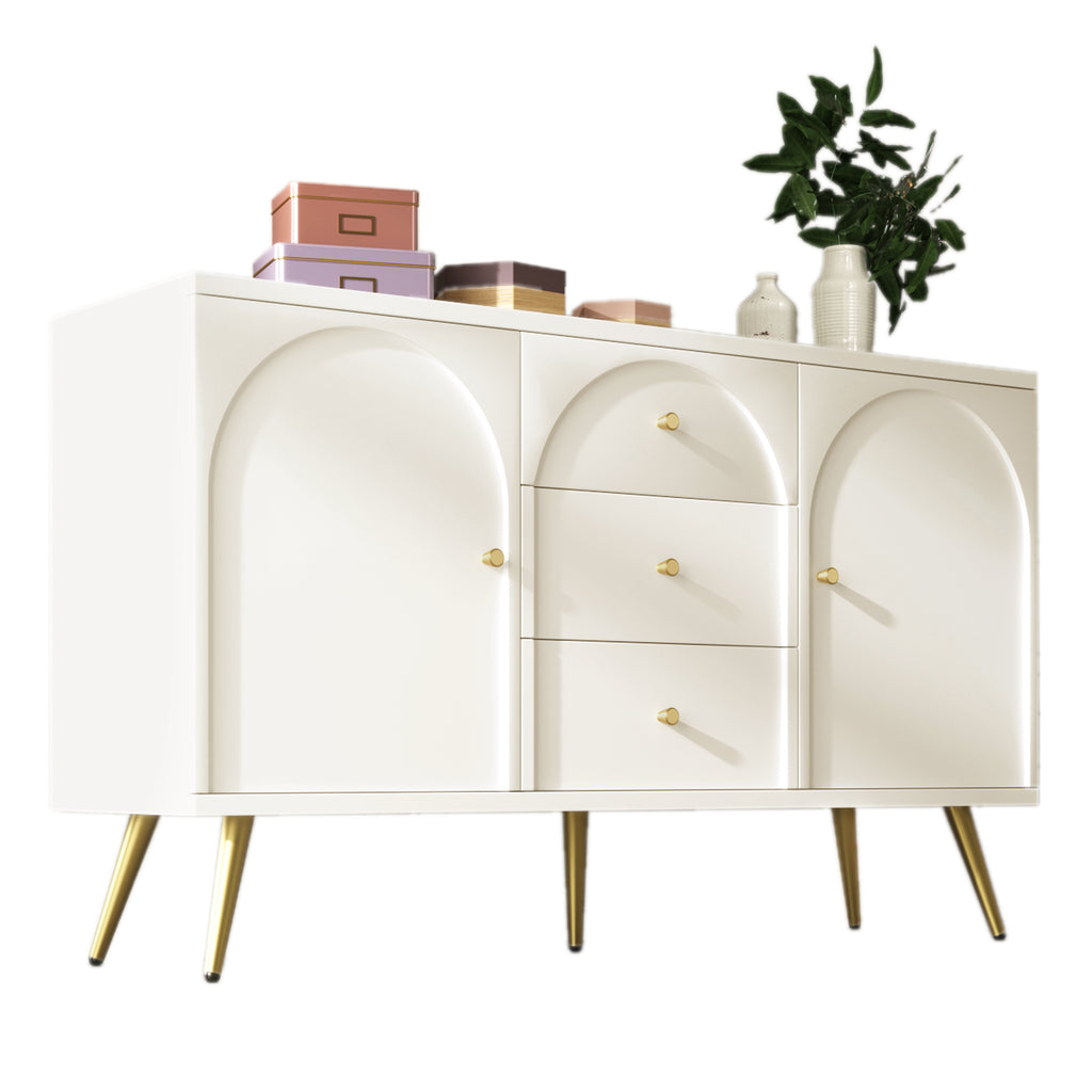 Sideboard Cabinet for Living Room, Chest of Drawers with 2 doors and 3 drawers, Adjustable shelf, Cream White, 40D x 140W x 84H CM