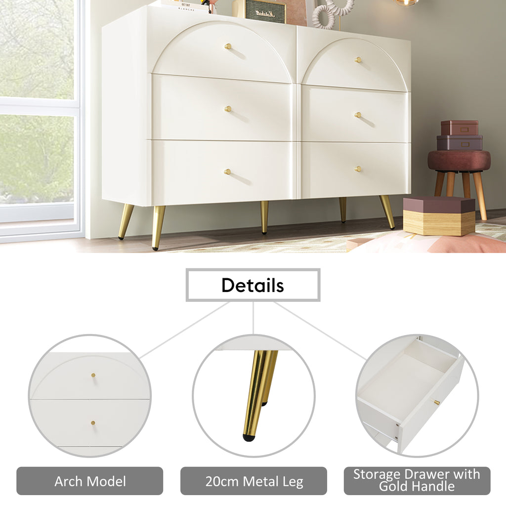 Sideboard Cabinet for Living Room, Chest of Drawers with 6 drawers, Cream White, 40D x 120W x 85H CM
