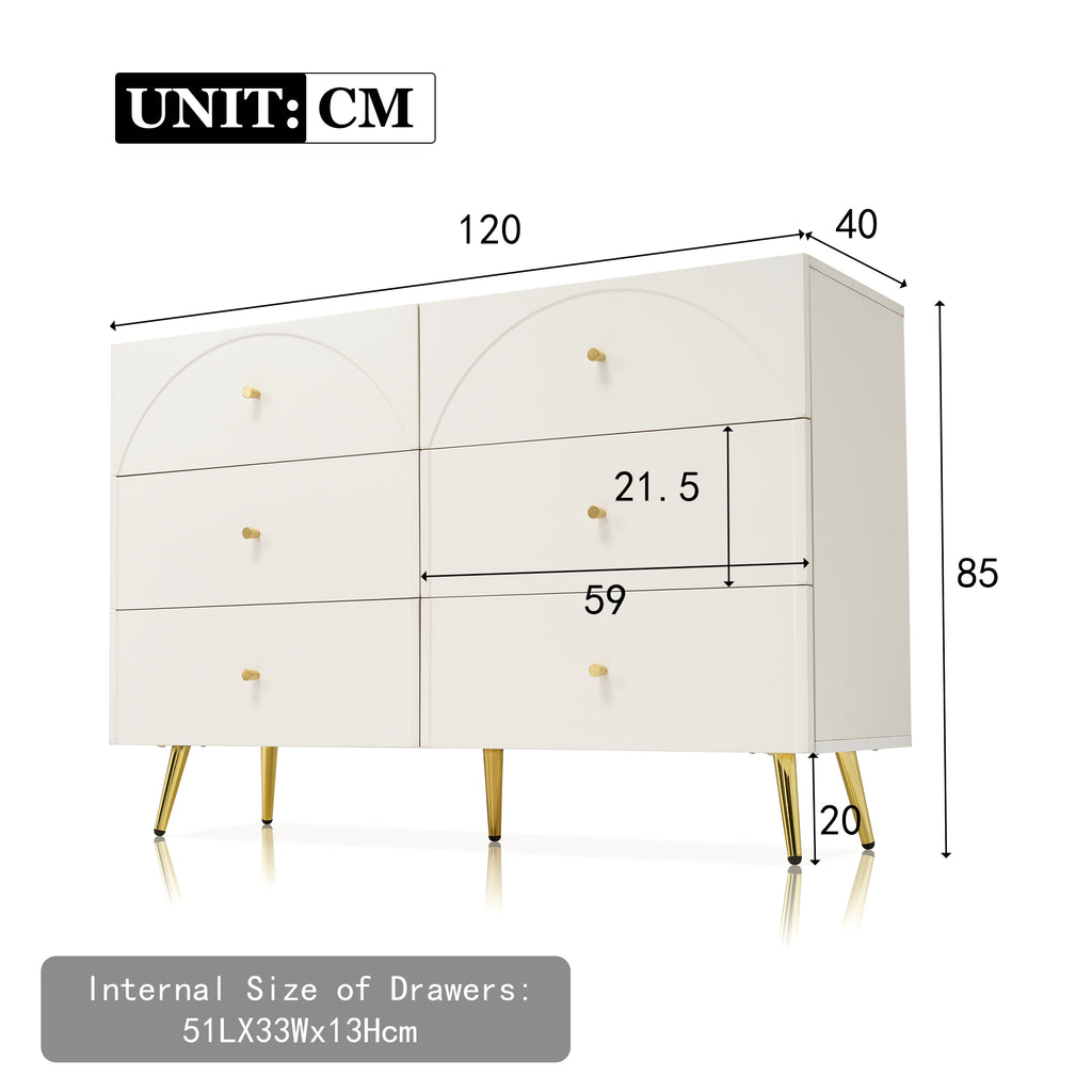 Sideboard Cabinet for Living Room, Chest of Drawers with 6 drawers, Cream White, 40D x 120W x 85H CM