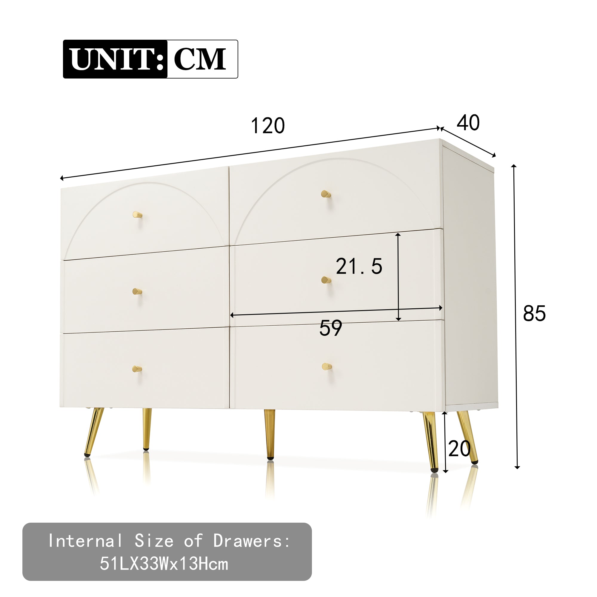 Sideboard Cabinet for Living Room, Chest of Drawers with 6 drawers, Cream White, 40D x 120W x 85H CM