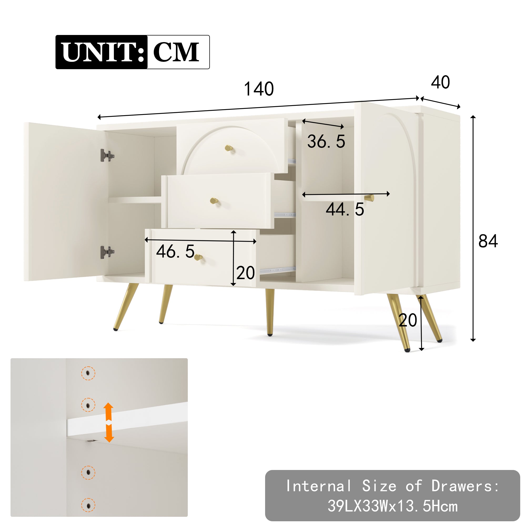 Sideboard Cabinet for Living Room, Chest of Drawers with 2 doors and 3 drawers, Adjustable shelf, Cream White, 40D x 140W x 84H CM