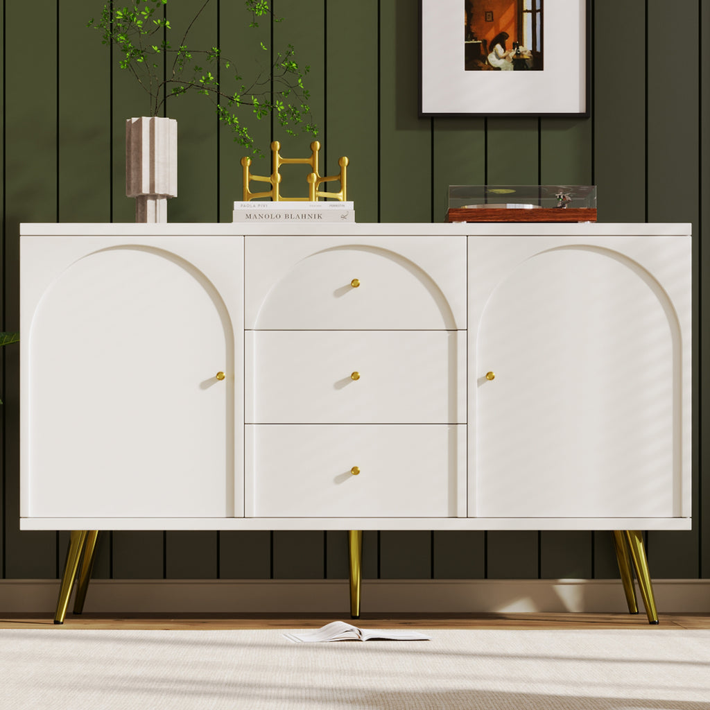 Sideboard Cabinet for Living Room, Chest of Drawers with 2 doors and 3 drawers, Adjustable shelf, Cream White, 40D x 140W x 84H CM