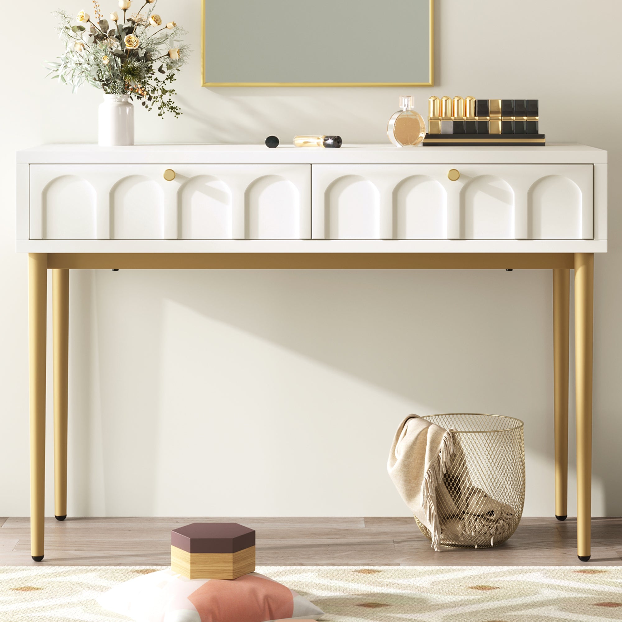Dressing Table With 2 Drawers 76.5 Cm High ,Chest Of Drawers Bedroom Highboard White Sideboard Chest Of Drawers for Bedroom, Cream-White -H76.5/W100/D45 Cm