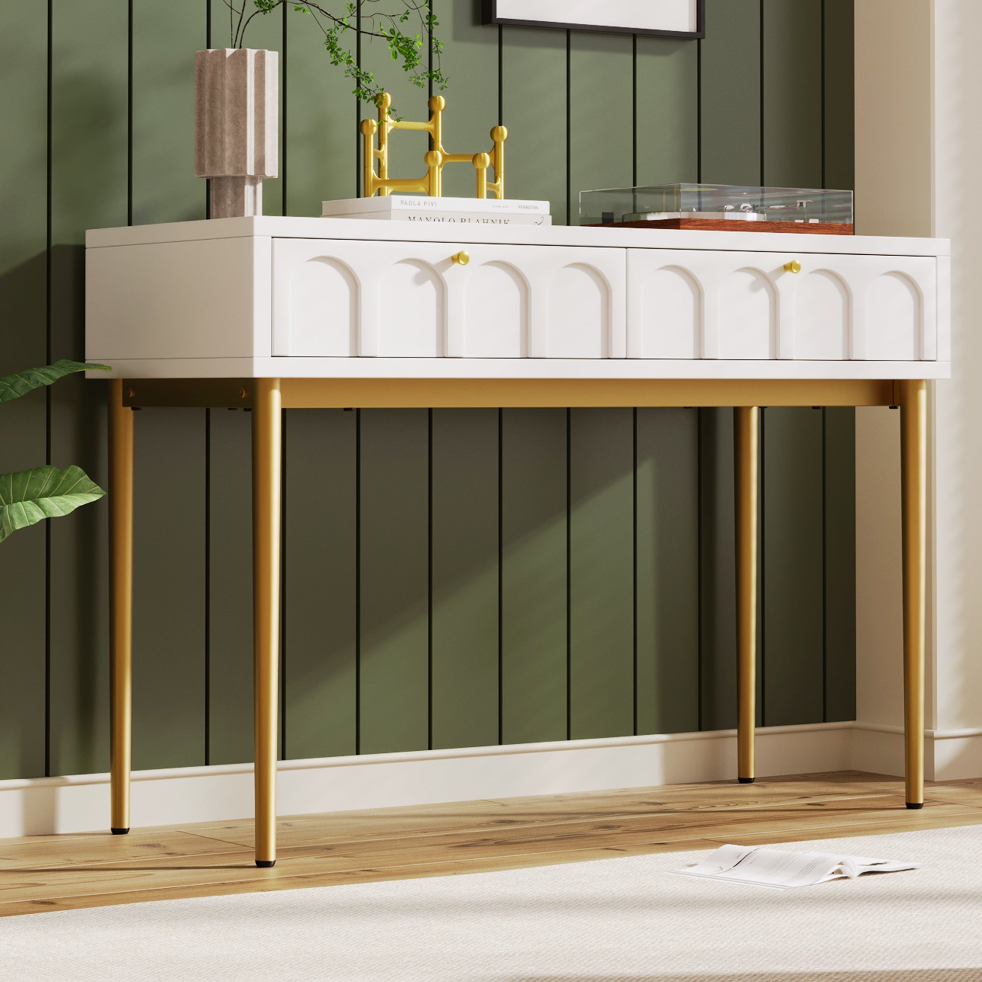 Dressing Table With 2 Drawers 76.5 Cm High ,Chest Of Drawers Bedroom Highboard White Sideboard Chest Of Drawers for Bedroom, Cream-White -H76.5/W100/D45 Cm