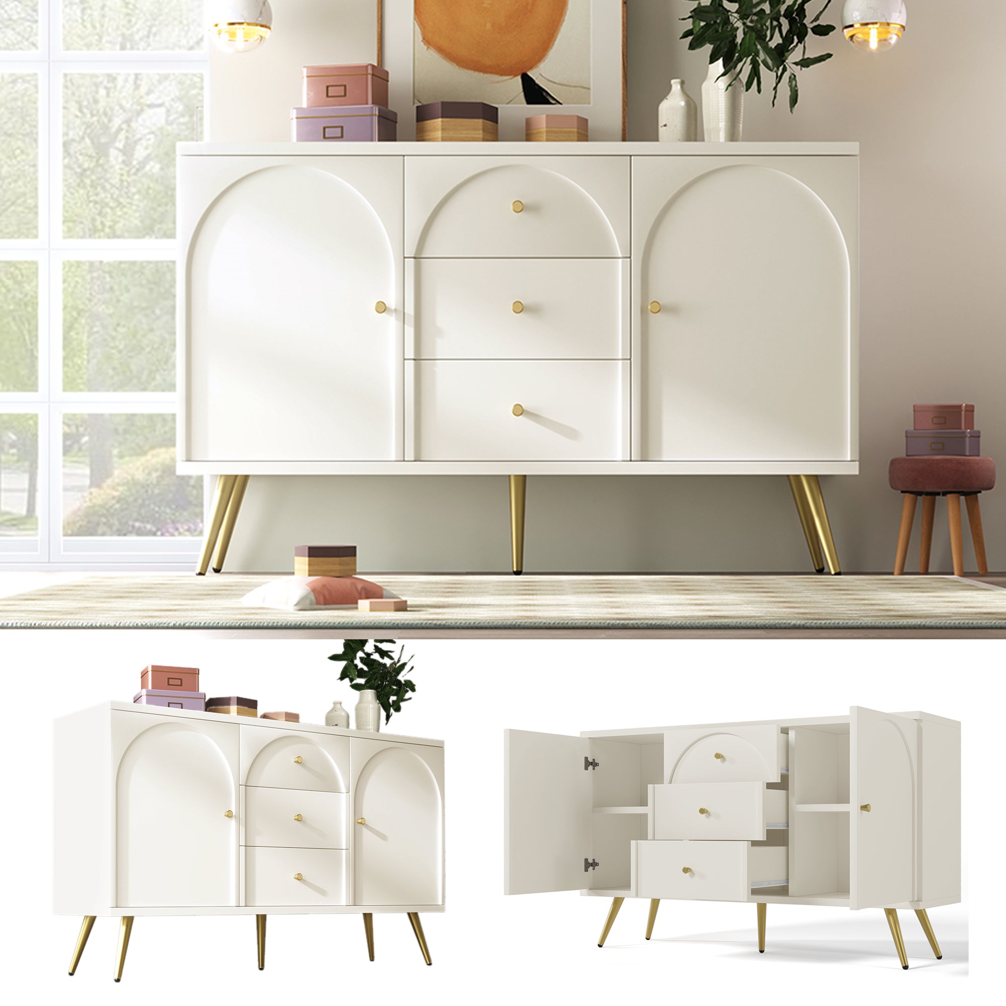 Sideboard Cabinet for Living Room, Chest of Drawers with 2 doors and 3 drawers, Adjustable shelf, Cream White, 40D x 140W x 84H CM