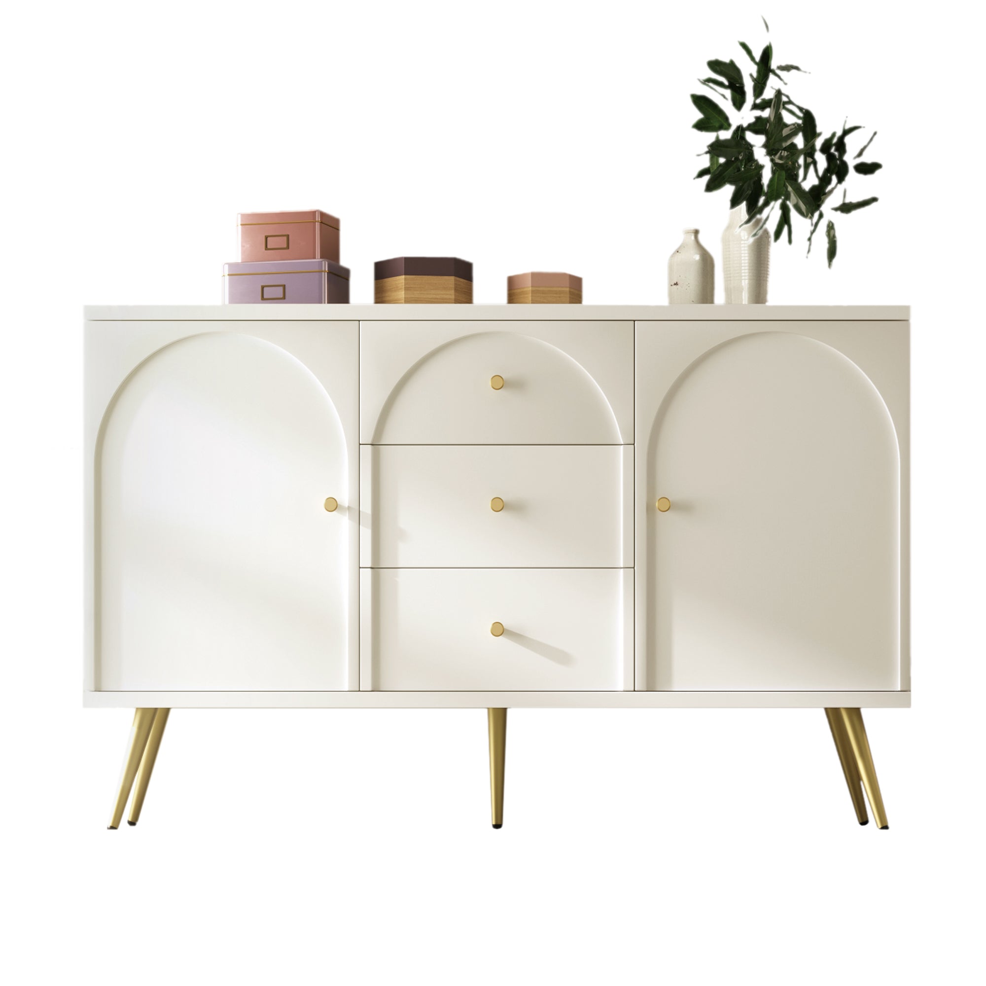 Sideboard Cabinet for Living Room, Chest of Drawers with 2 doors and 3 drawers, Adjustable shelf, Cream White, 40D x 140W x 84H CM