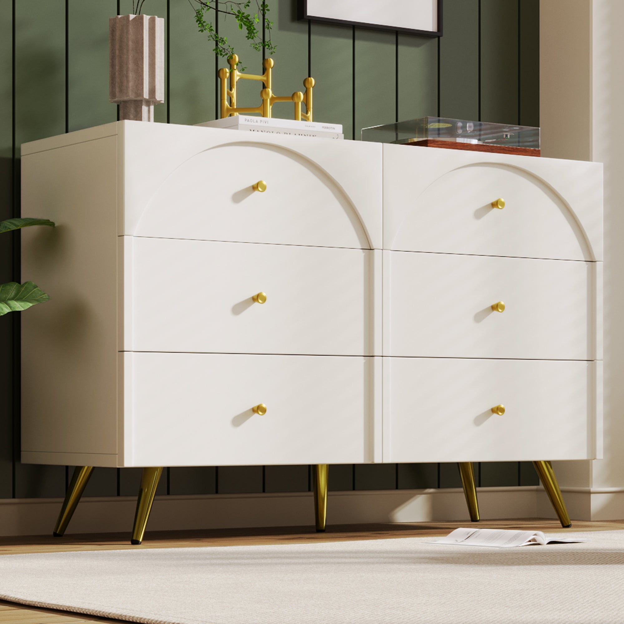 Sideboard Cabinet for Living Room, Chest of Drawers with 6 drawers, Cream White, 40D x 120W x 85H CM