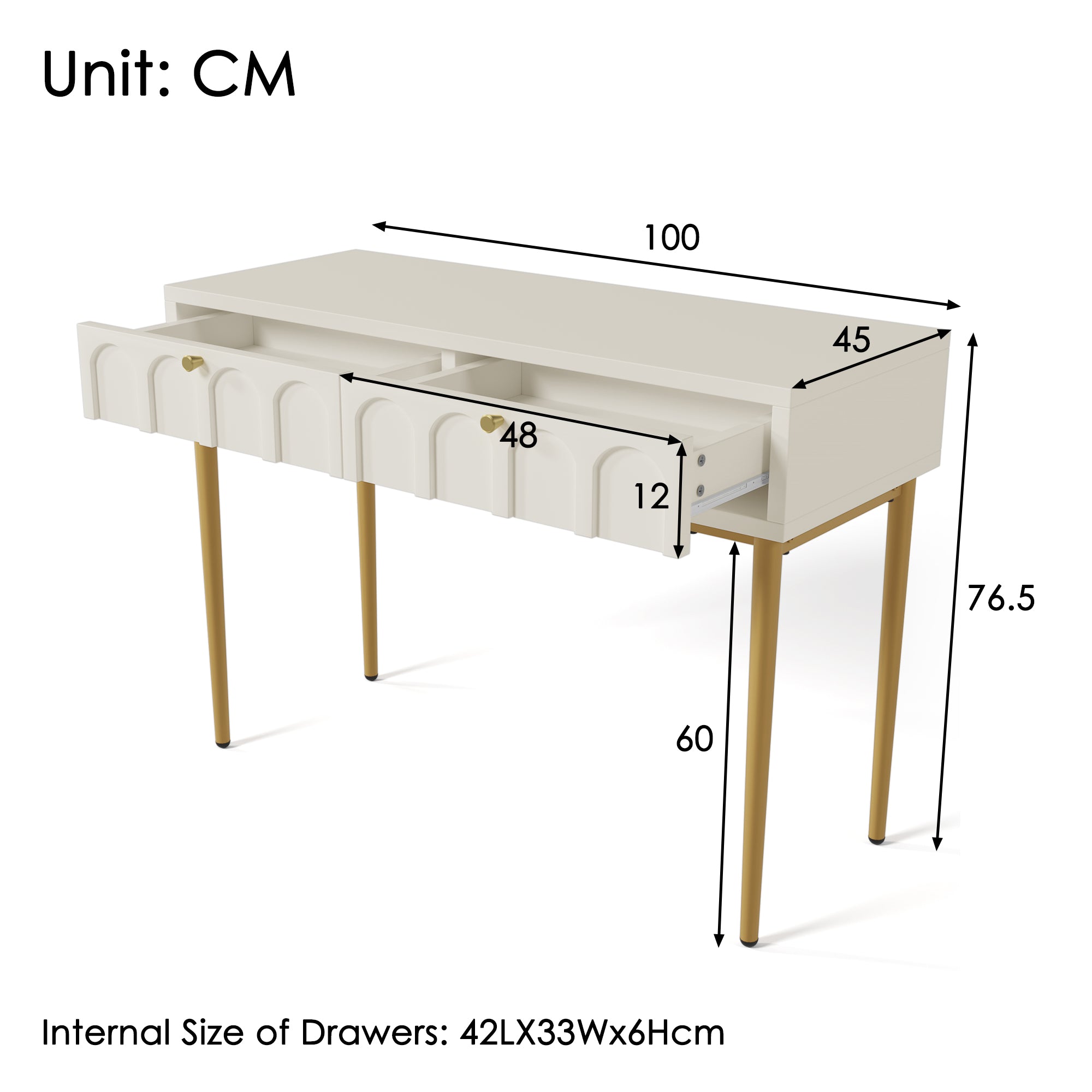Dressing Table With 2 Drawers 76.5 Cm High ,Chest Of Drawers Bedroom Highboard White Sideboard Chest Of Drawers for Bedroom, Cream-White -H76.5/W100/D45 Cm
