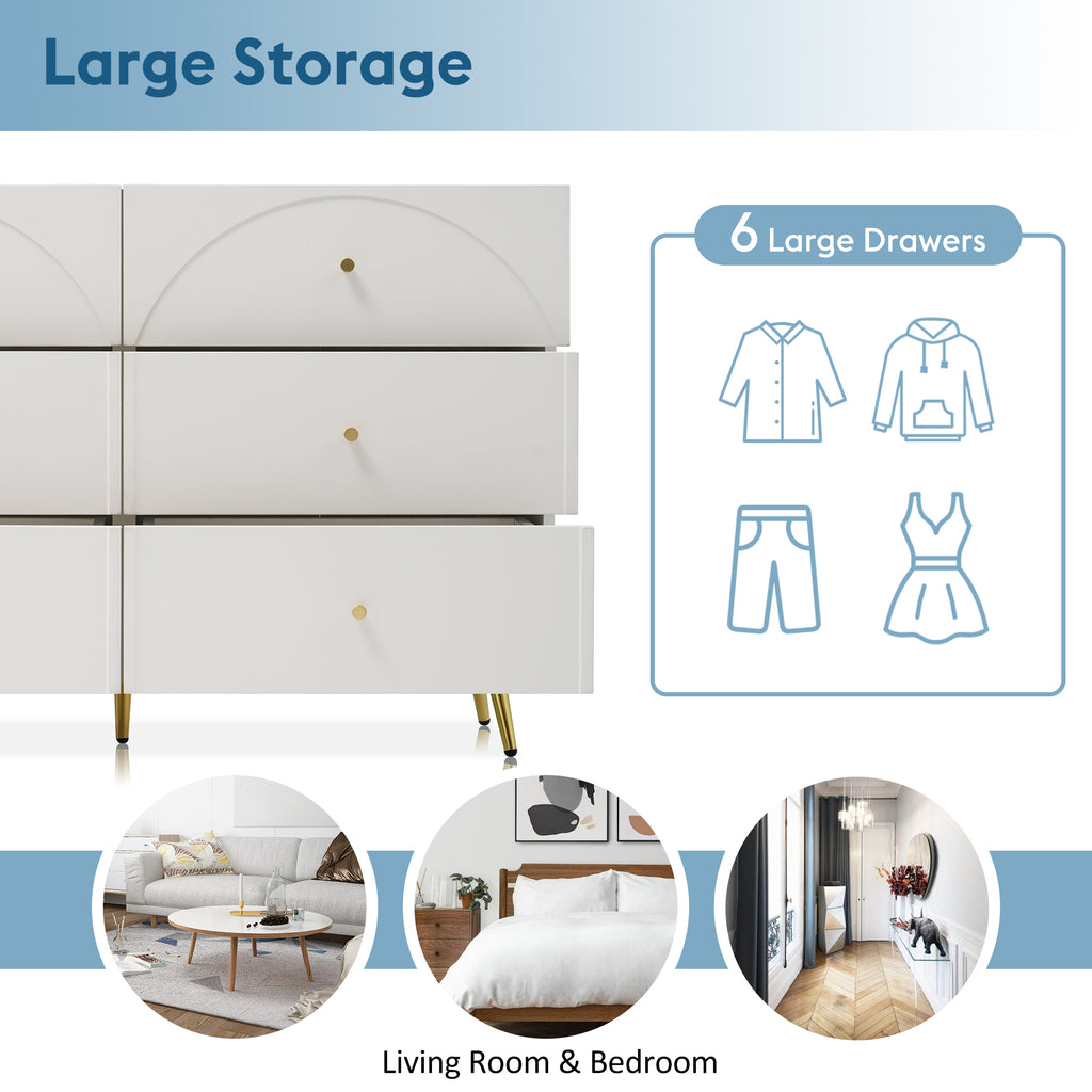 Sideboard Cabinet for Living Room, Chest of Drawers with 6 drawers, Cream White, 40D x 120W x 85H CM