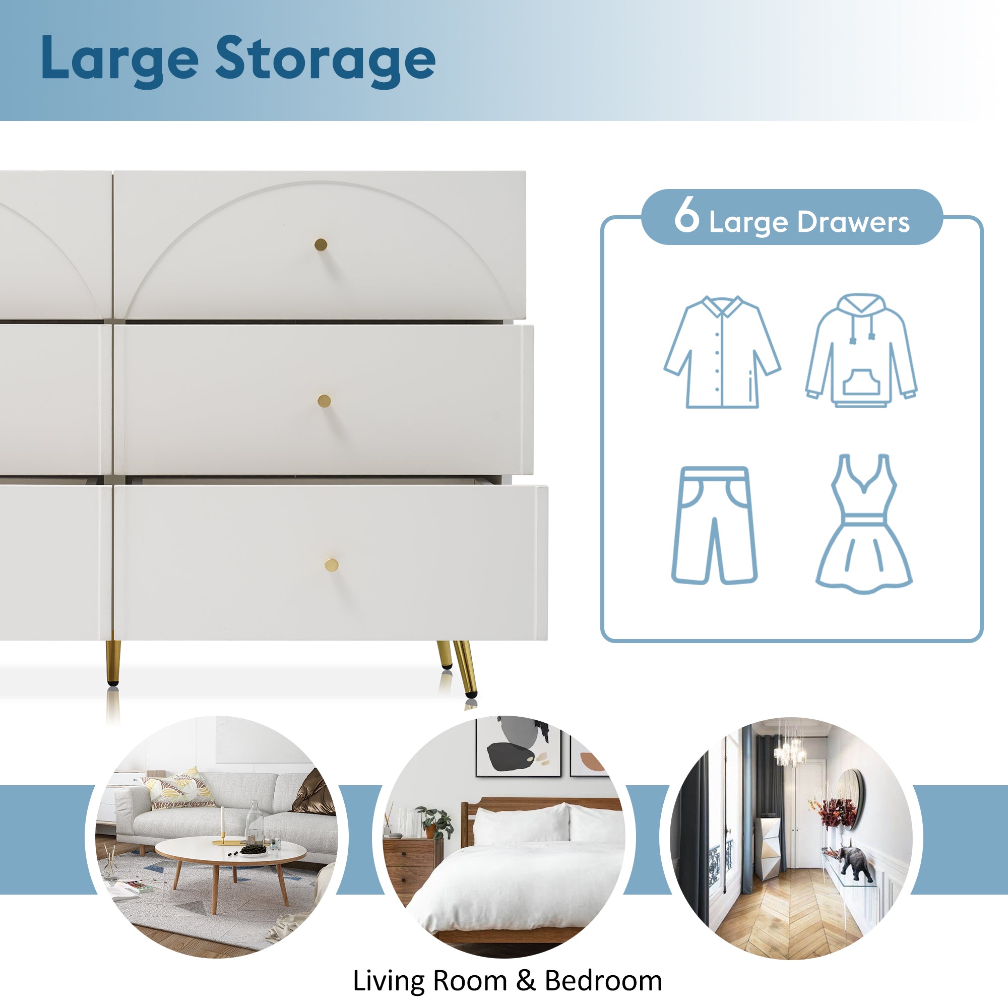 Sideboard Cabinet for Living Room, Chest of Drawers with 6 drawers, Cream White, 40D x 120W x 85H CM