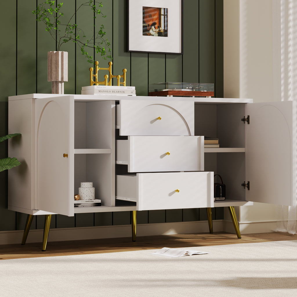 Sideboard Cabinet for Living Room, Chest of Drawers with 2 doors and 3 drawers, Adjustable shelf, Cream White, 40D x 140W x 84H CM