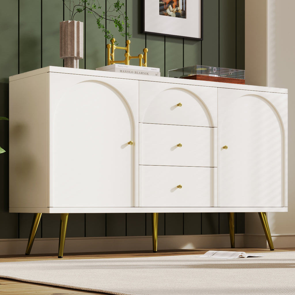 Sideboard Cabinet for Living Room, Chest of Drawers with 2 doors and 3 drawers, Adjustable shelf, Cream White, 40D x 140W x 84H CM