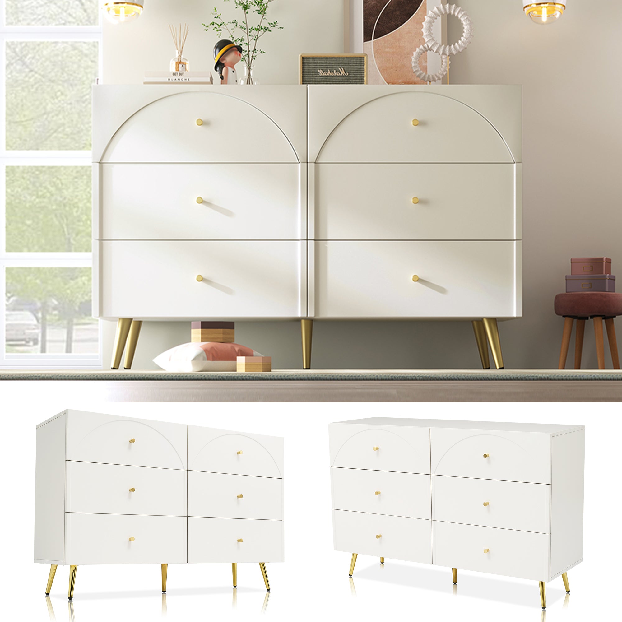 Sideboard Cabinet for Living Room, Chest of Drawers with 6 drawers, Cream White, 40D x 120W x 85H CM