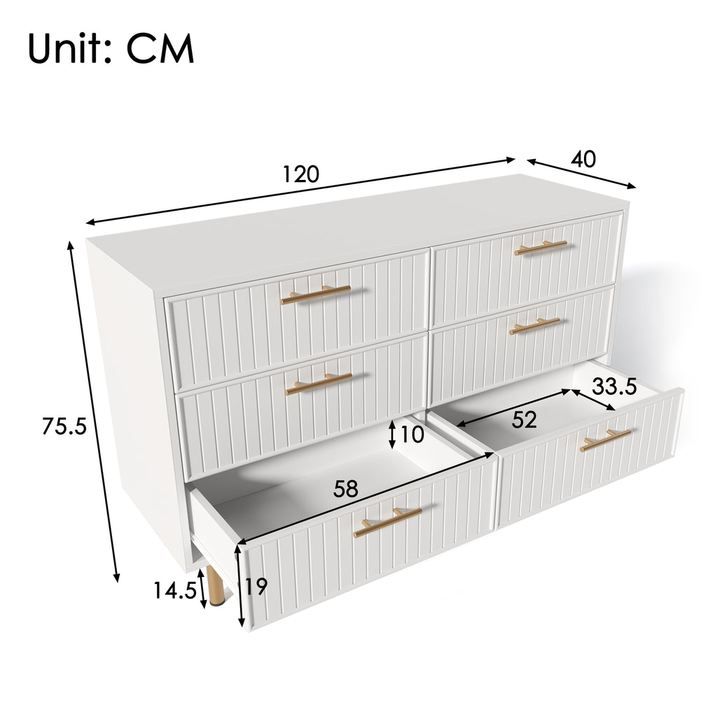 Sideboard Cabinet for Living Room, Chest of Drawers with 6 drawers, White, 40D x 120W x 75H CM
