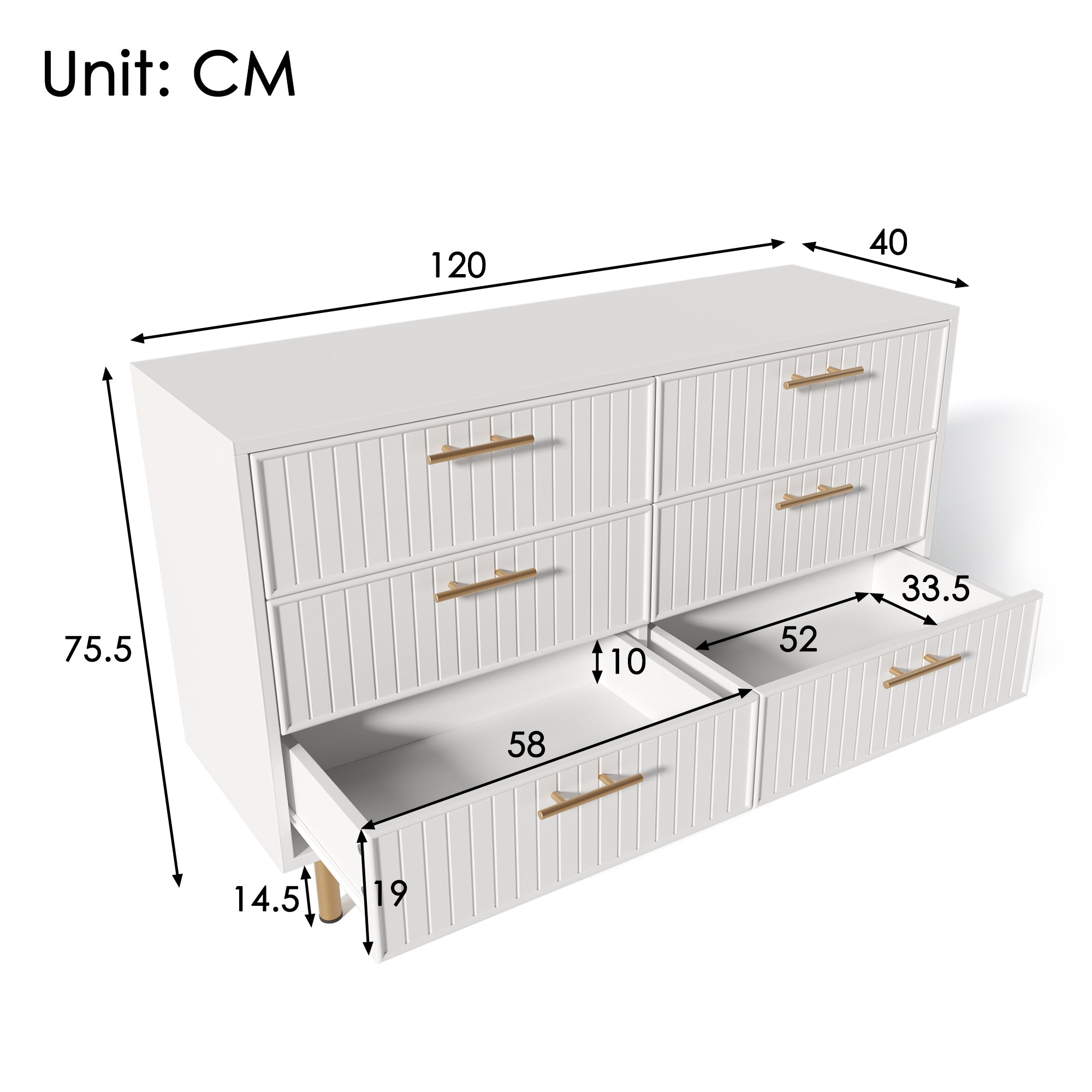 Sideboard Cabinet for Living Room, Chest of Drawers with 6 drawers, White, 40D x 120W x 75H CM