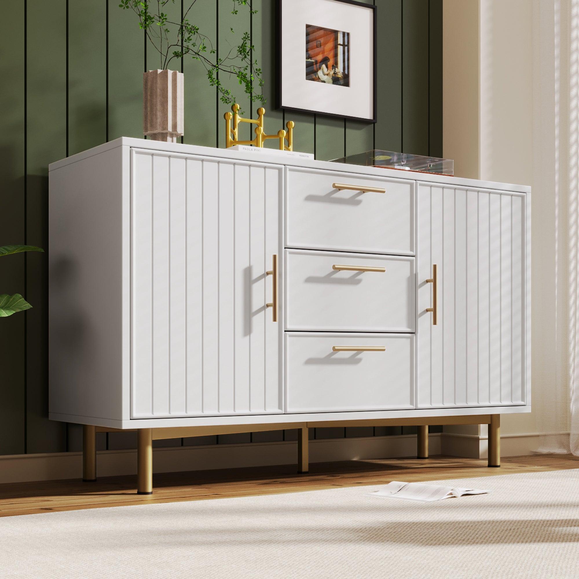 Sideboard Cabinet for Living Room, Chest of Drawers with with 2 doors and 3 drawers, Adjustable shelf, White, 40D x 120W x 75H CM