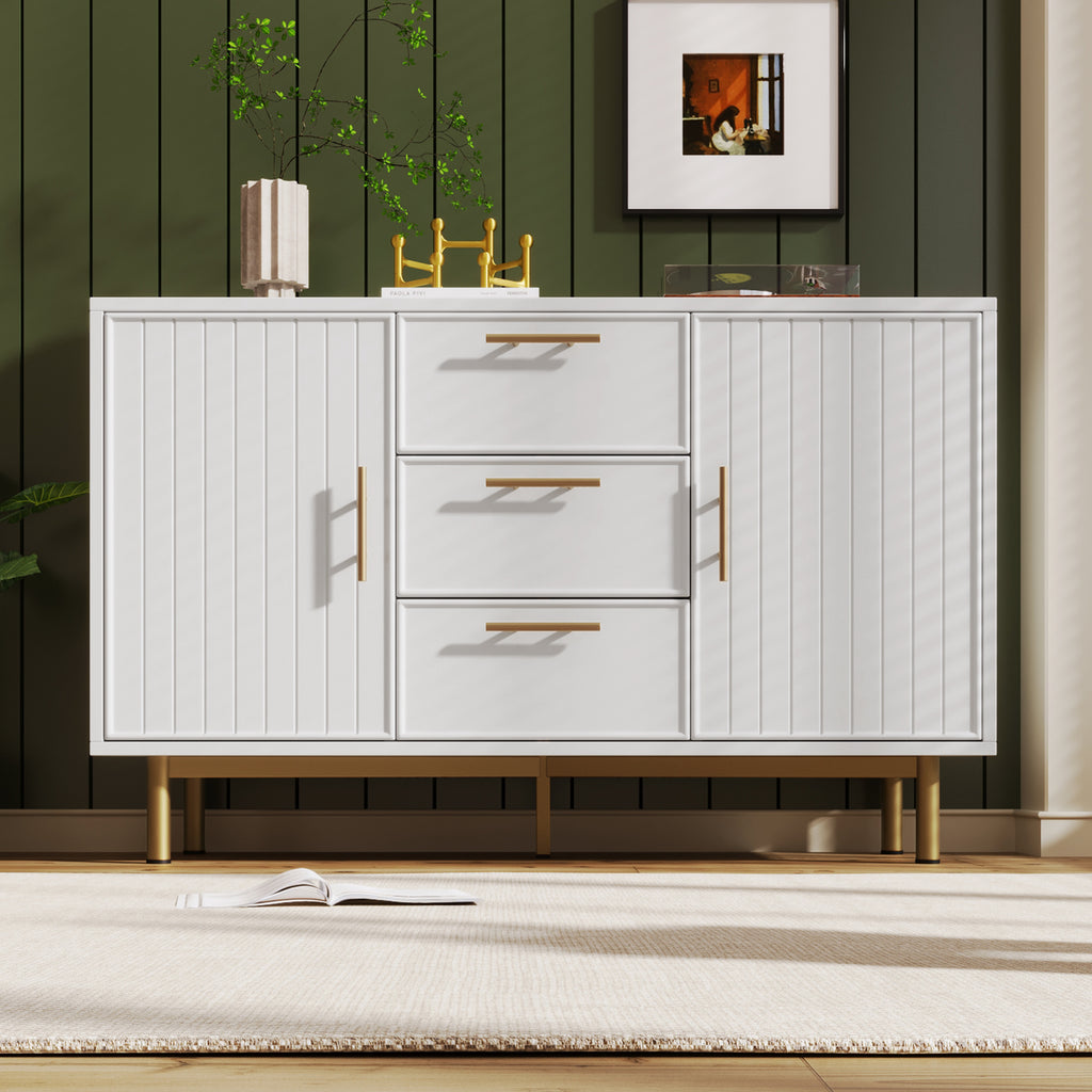 Sideboard Cabinet for Living Room, Chest of Drawers with with 2 doors and 3 drawers, Adjustable shelf, White, 40D x 120W x 75H CM