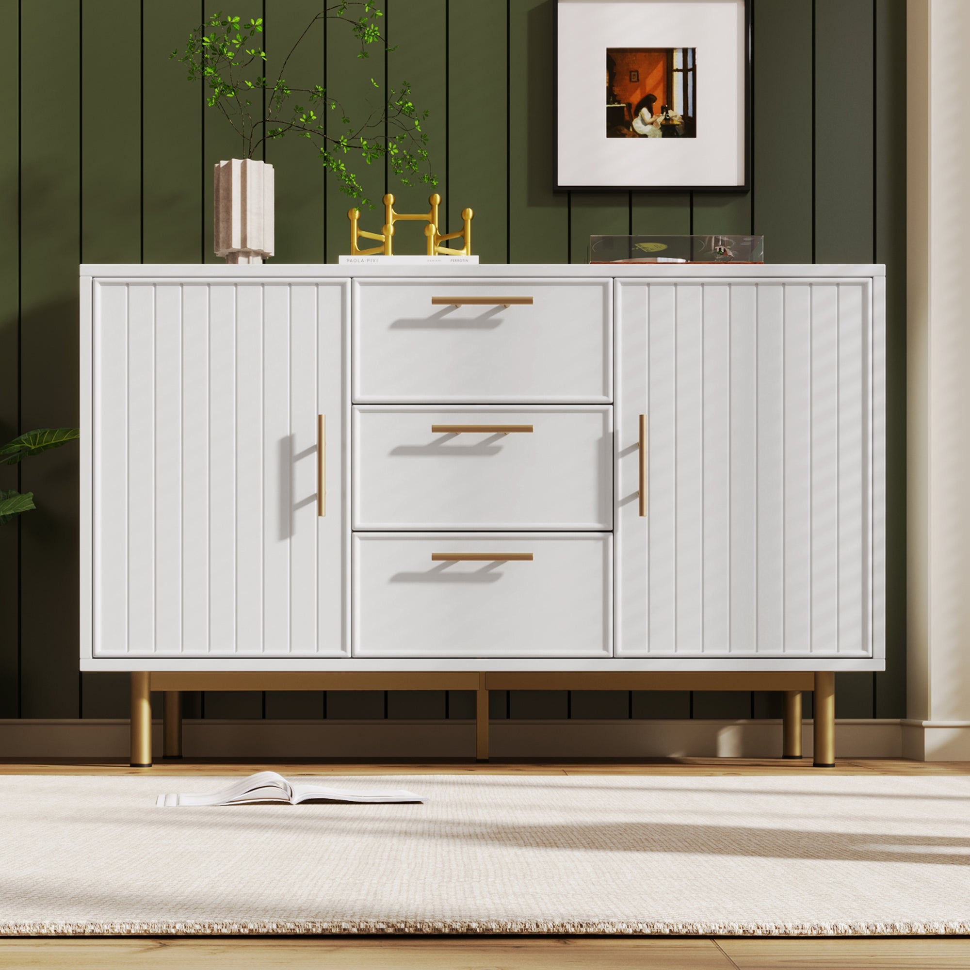 Sideboard Cabinet for Living Room, Chest of Drawers with with 2 doors and 3 drawers, Adjustable shelf, White, 40D x 120W x 75H CM