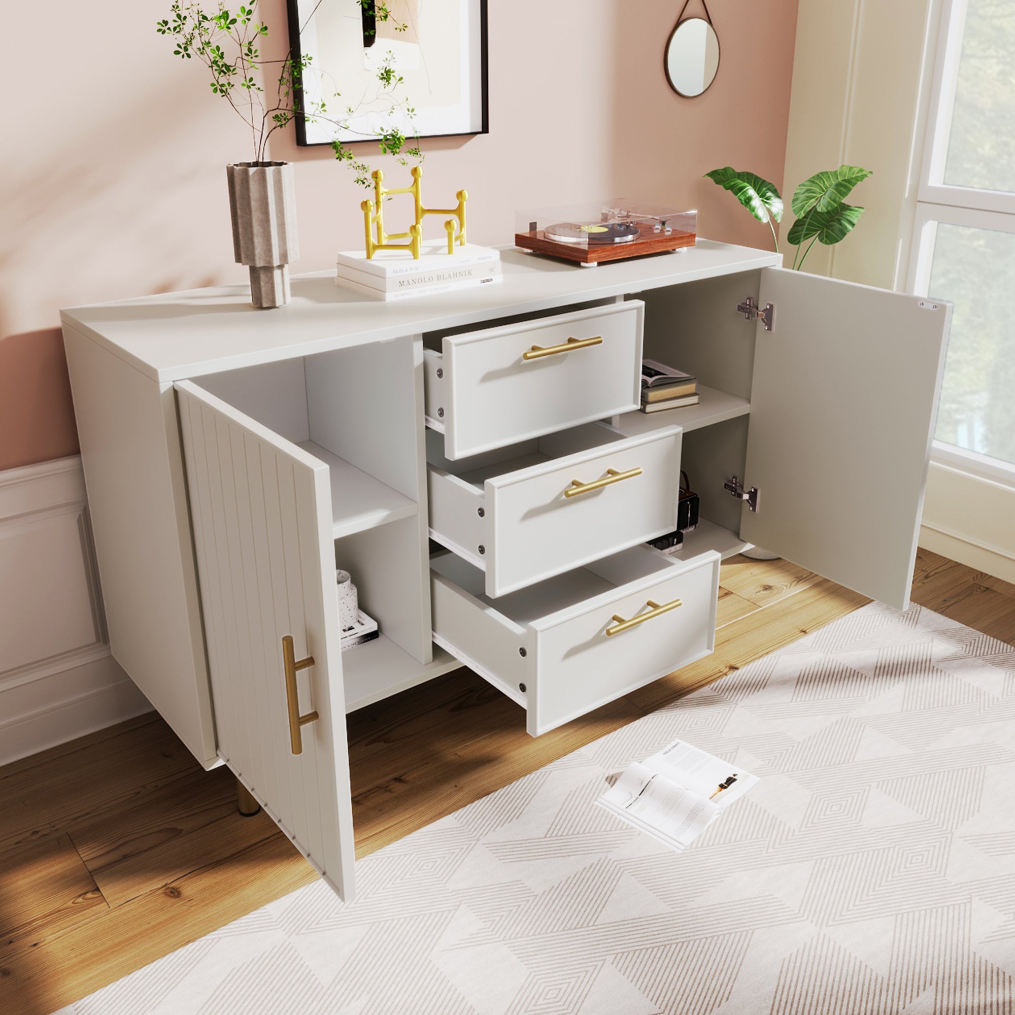 Sideboard Cabinet for Living Room, Chest of Drawers with with 2 doors and 3 drawers, Adjustable shelf, White, 40D x 120W x 75H CM