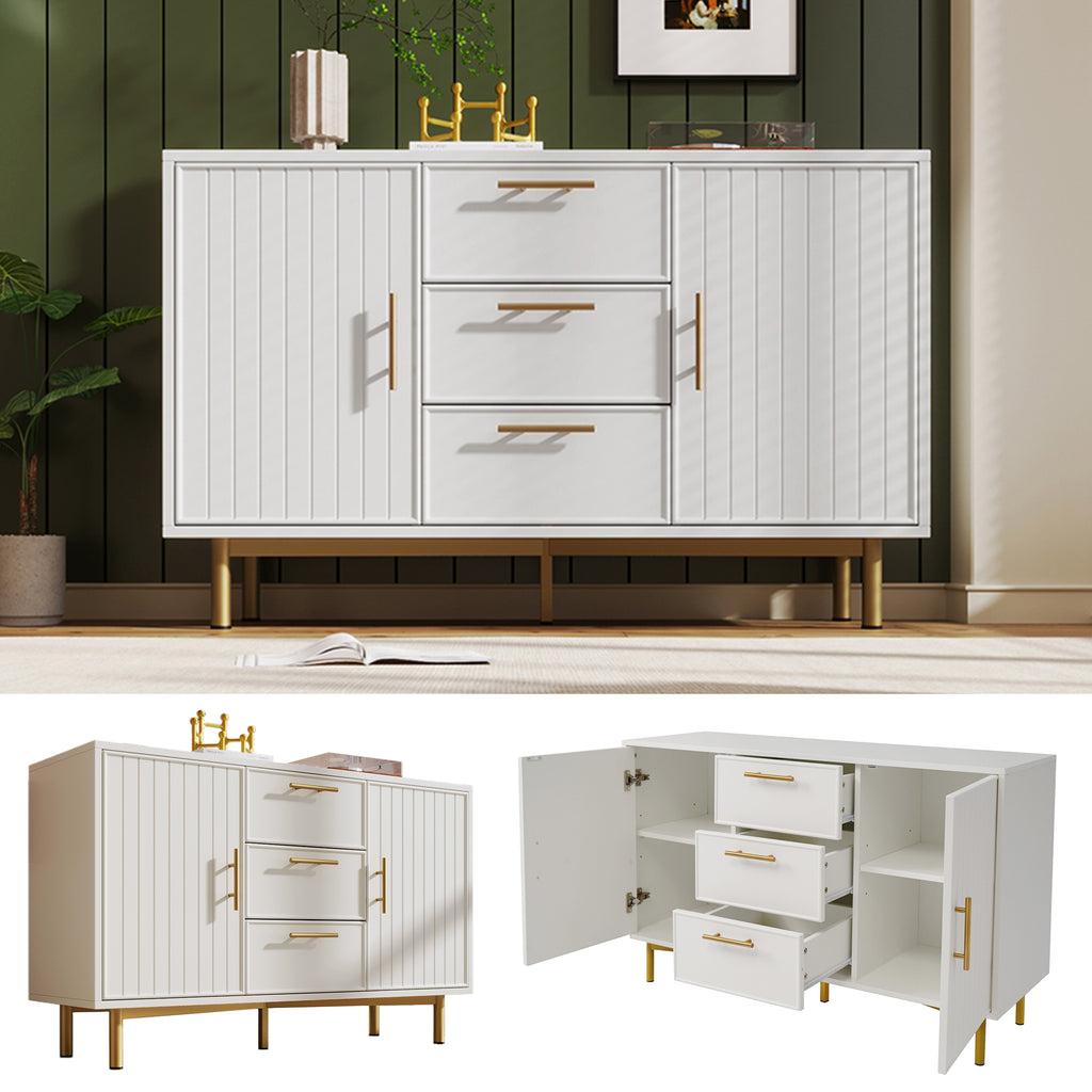 Sideboard Cabinet for Living Room, Chest of Drawers with with 2 doors and 3 drawers, Adjustable shelf, White, 40D x 120W x 75H CM