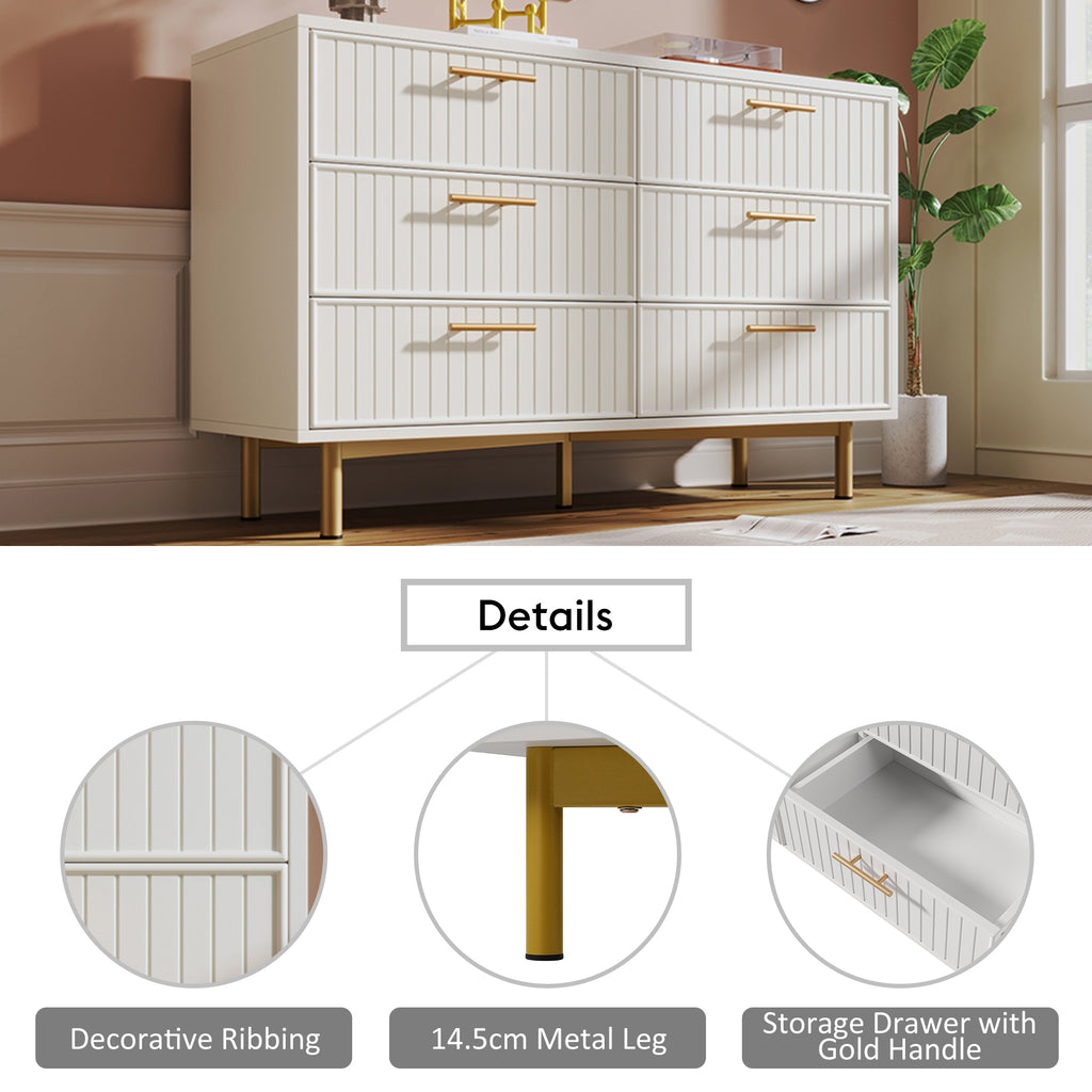 Sideboard Cabinet for Living Room, Chest of Drawers with 6 drawers, White, 40D x 120W x 75H CM