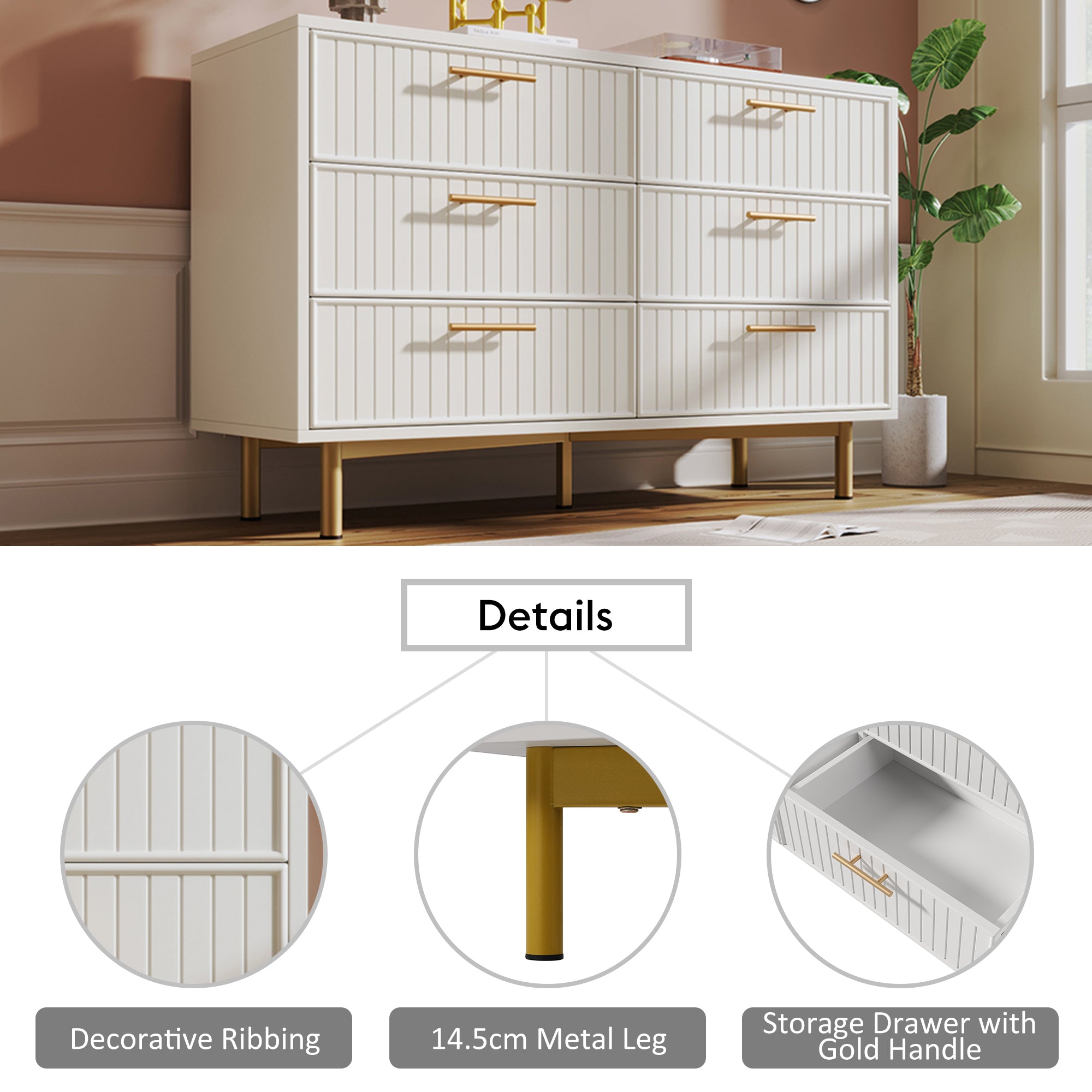 Sideboard Cabinet for Living Room, Chest of Drawers with 6 drawers, White, 40D x 120W x 75H CM