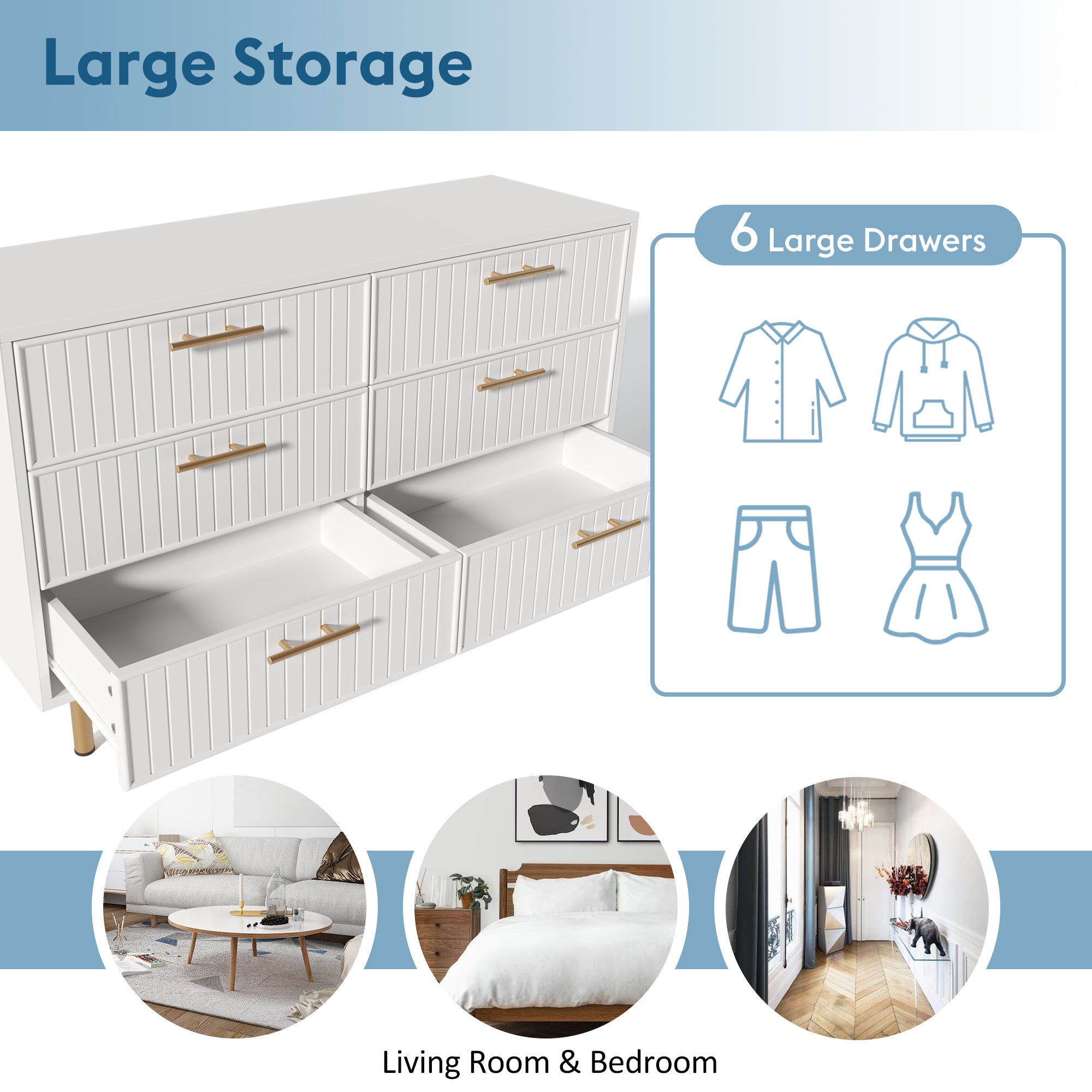 Sideboard Cabinet for Living Room, Chest of Drawers with 6 drawers, White, 40D x 120W x 75H CM