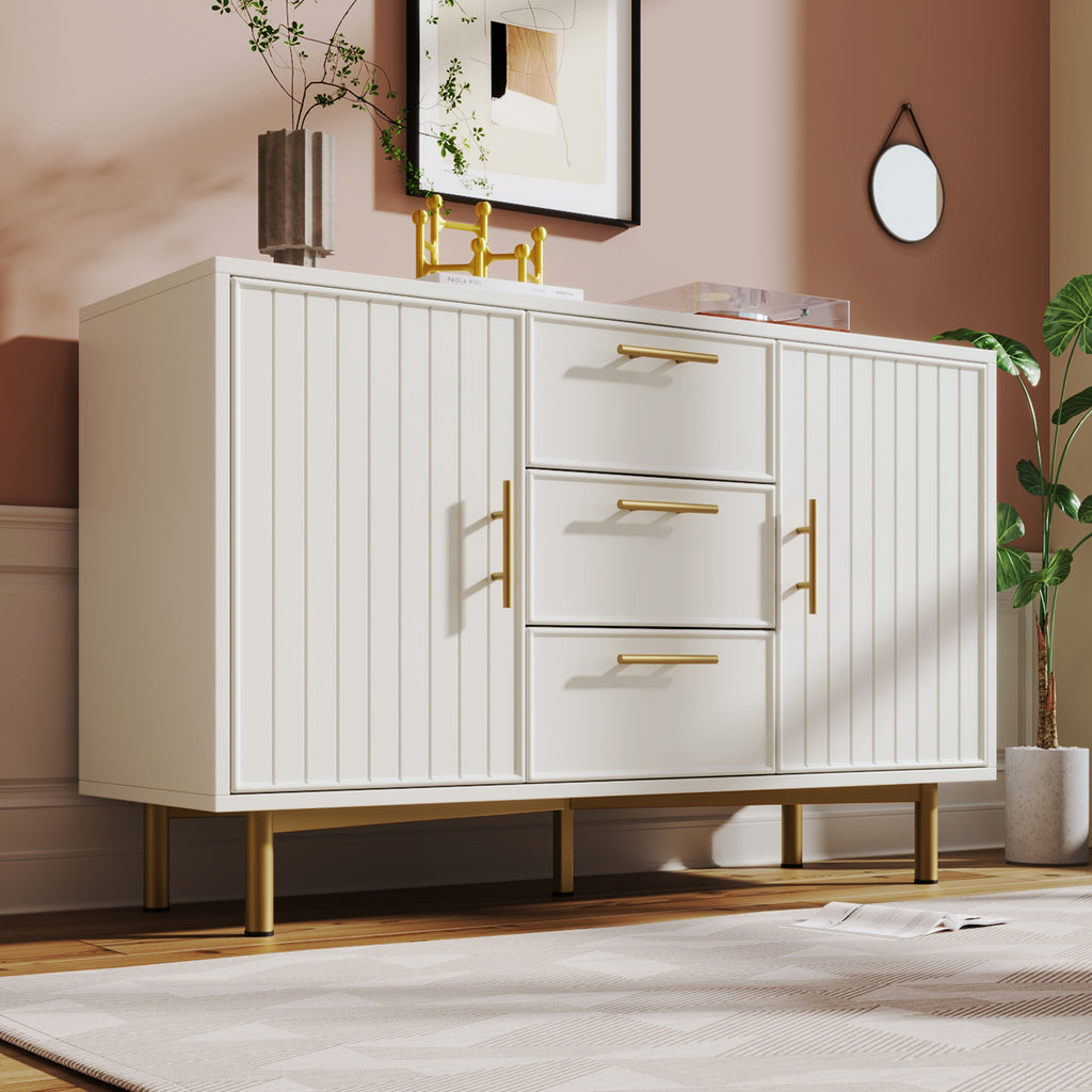 Sideboard Cabinet for Living Room, Chest of Drawers with with 2 doors and 3 drawers, Adjustable shelf, White, 40D x 120W x 75H CM