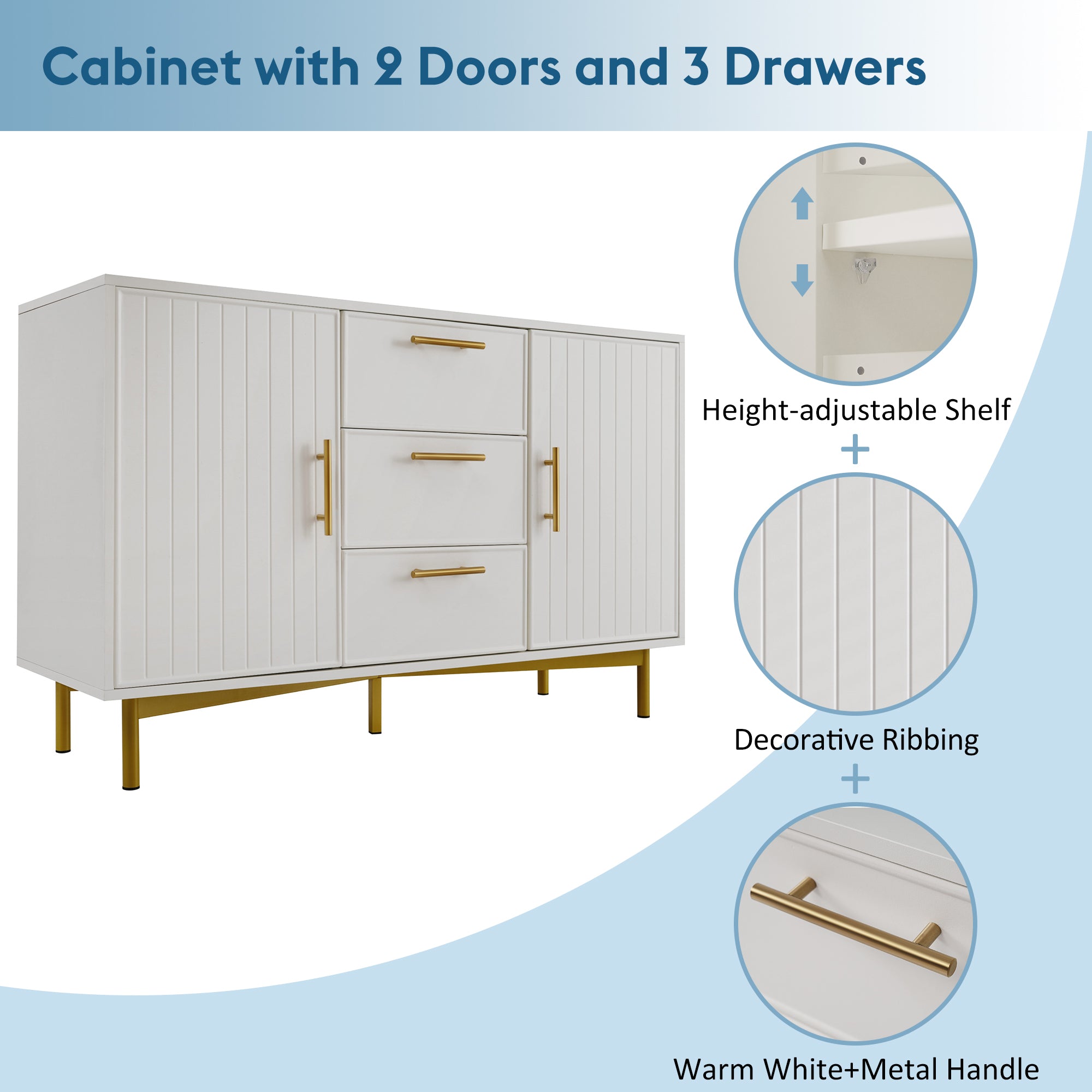 Sideboard Cabinet for Living Room, Chest of Drawers with with 2 doors and 3 drawers, Adjustable shelf, White, 40D x 120W x 75H CM