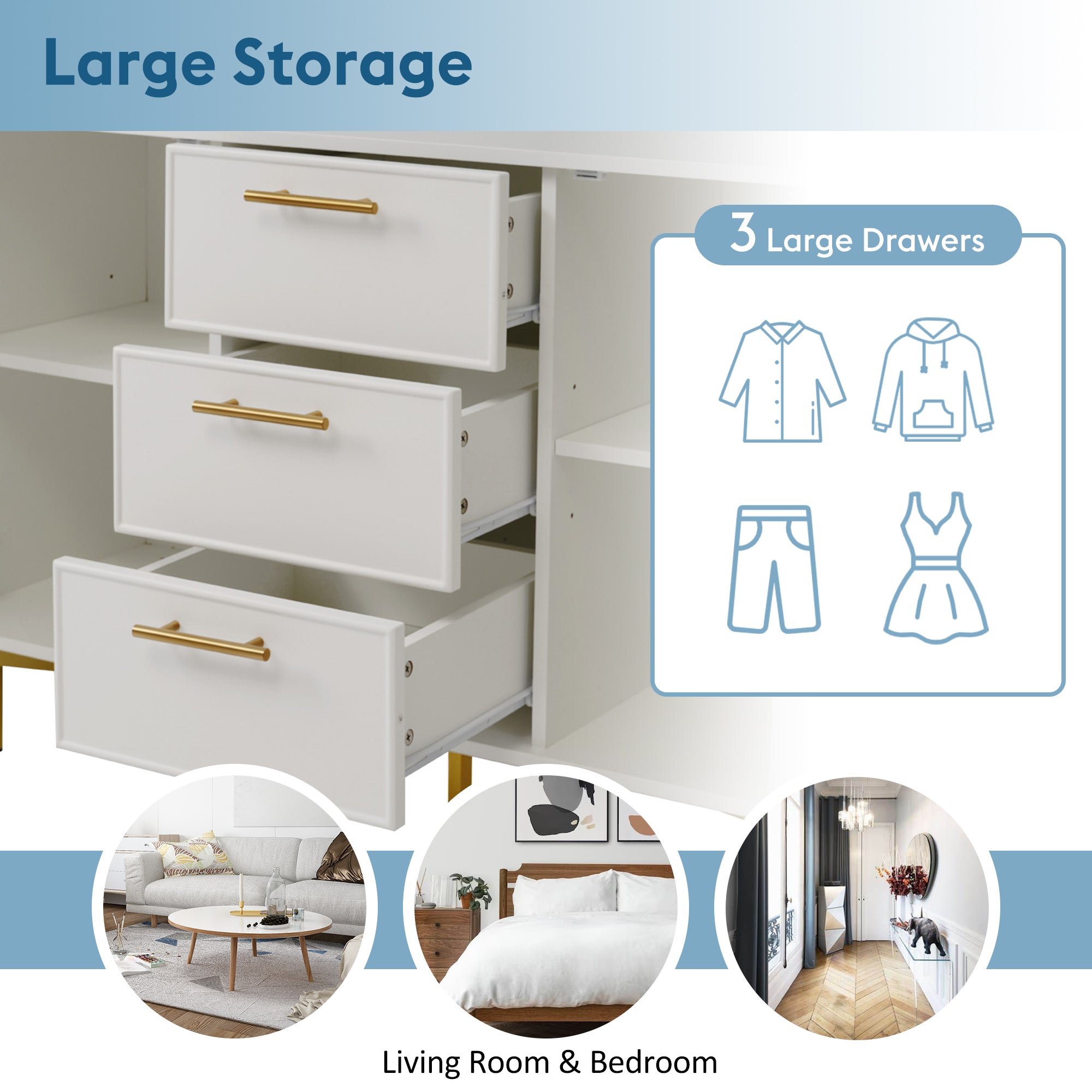Sideboard Cabinet for Living Room, Chest of Drawers with with 2 doors and 3 drawers, Adjustable shelf, White, 40D x 120W x 75H CM