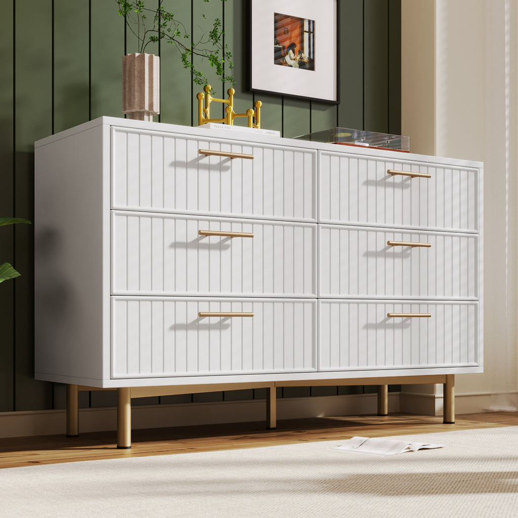 Sideboard Cabinet for Living Room, Chest of Drawers with 6 drawers, White, 40D x 120W x 75H CM