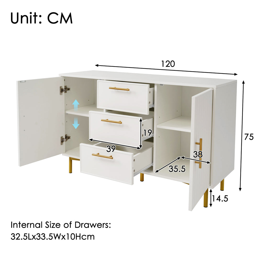 Sideboard Cabinet for Living Room, Chest of Drawers with with 2 doors and 3 drawers, Adjustable shelf, White, 40D x 120W x 75H CM