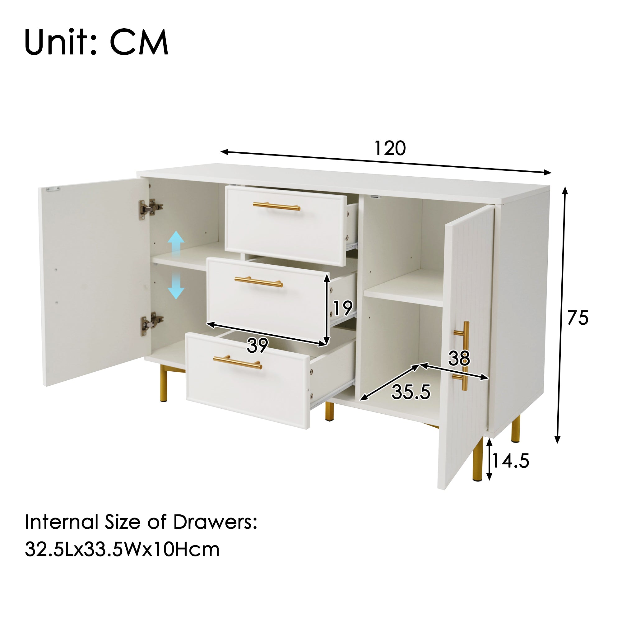 Sideboard Cabinet for Living Room, Chest of Drawers with with 2 doors and 3 drawers, Adjustable shelf, White, 40D x 120W x 75H CM