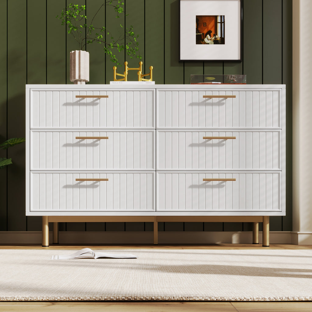Sideboard Cabinet for Living Room, Chest of Drawers with 6 drawers, White, 40D x 120W x 75H CM