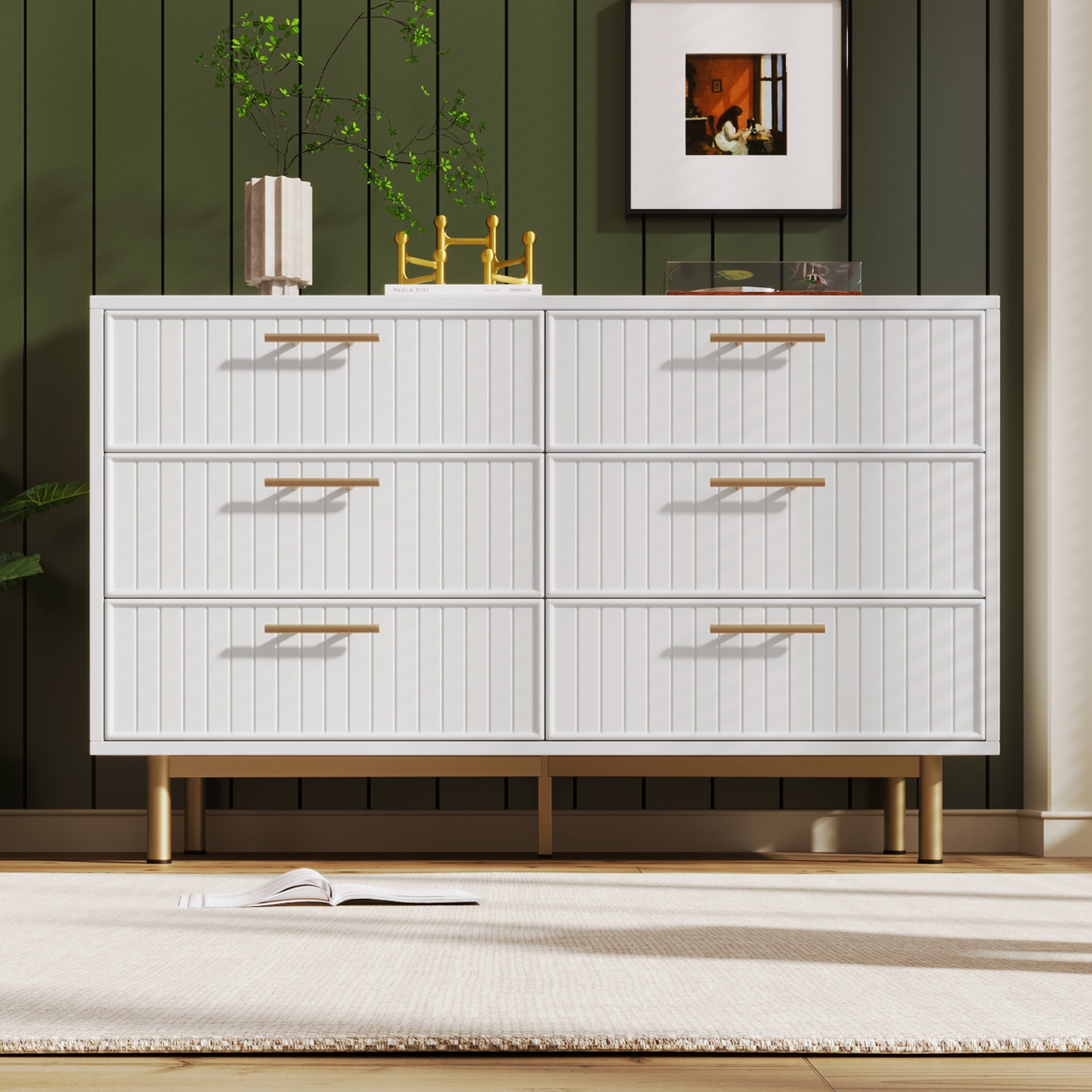 Sideboard Cabinet for Living Room, Chest of Drawers with 6 drawers, White, 40D x 120W x 75H CM
