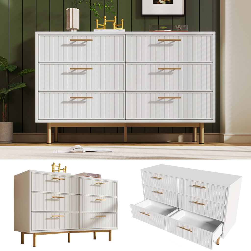Sideboard Cabinet for Living Room, Chest of Drawers with 6 drawers, White, 40D x 120W x 75H CM