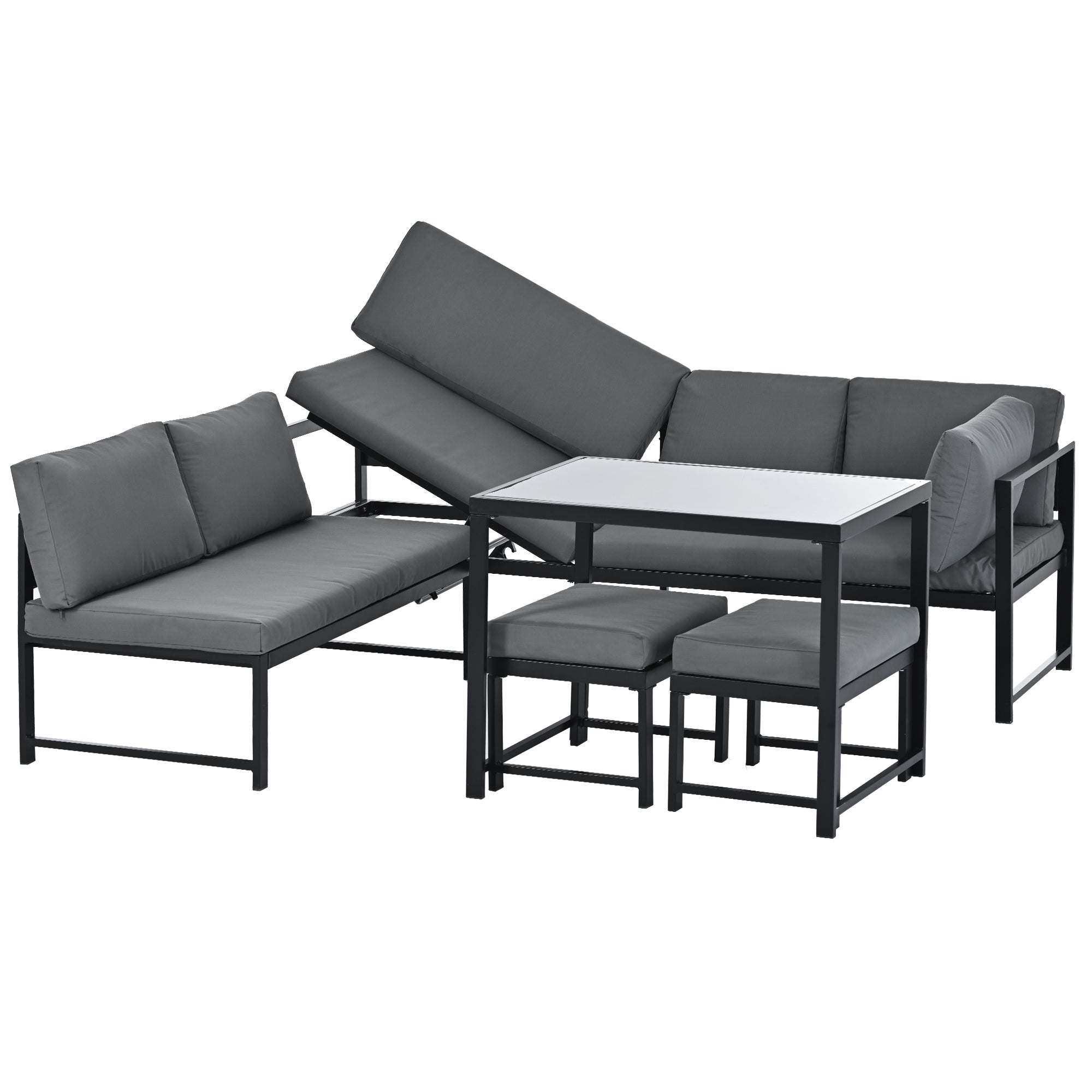 Garden Furniture Set, Aluminium seating group for garden balcony , with reclining function, 4th gear adjustable backrest, table with safety glass top, incl. soft seat and back cushions, Grey