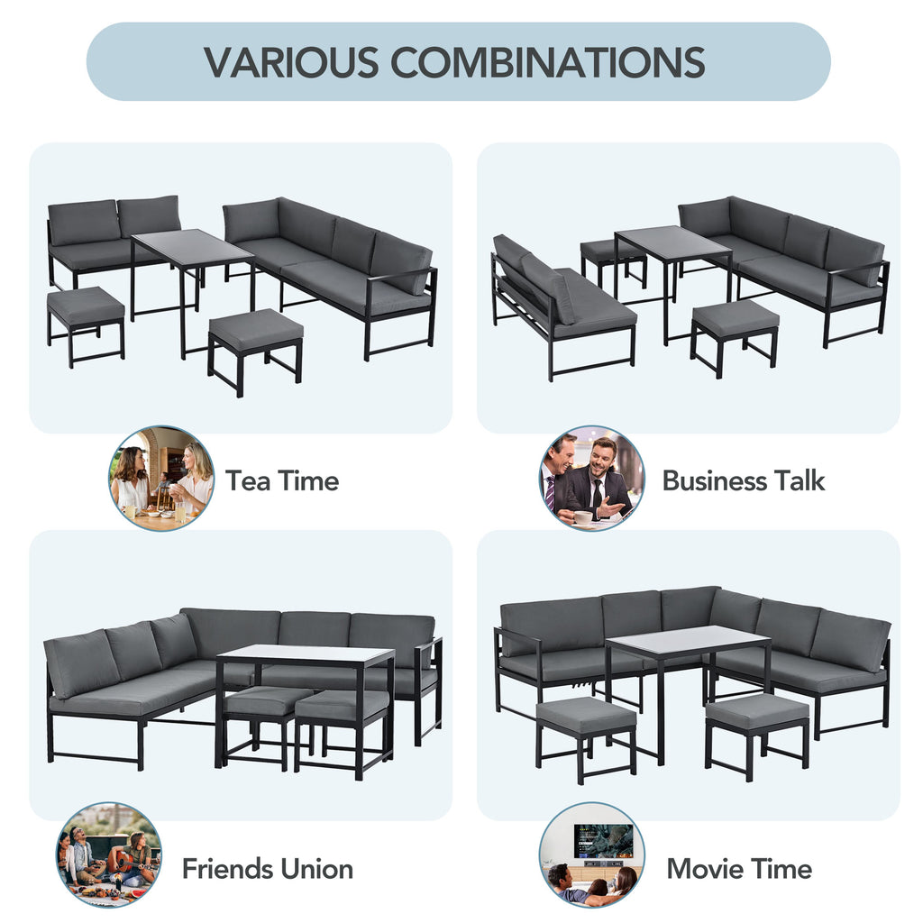 Garden Furniture Set, Aluminium seating group for garden balcony , with reclining function, 4th gear adjustable backrest, table with safety glass top, incl. soft seat and back cushions, Grey