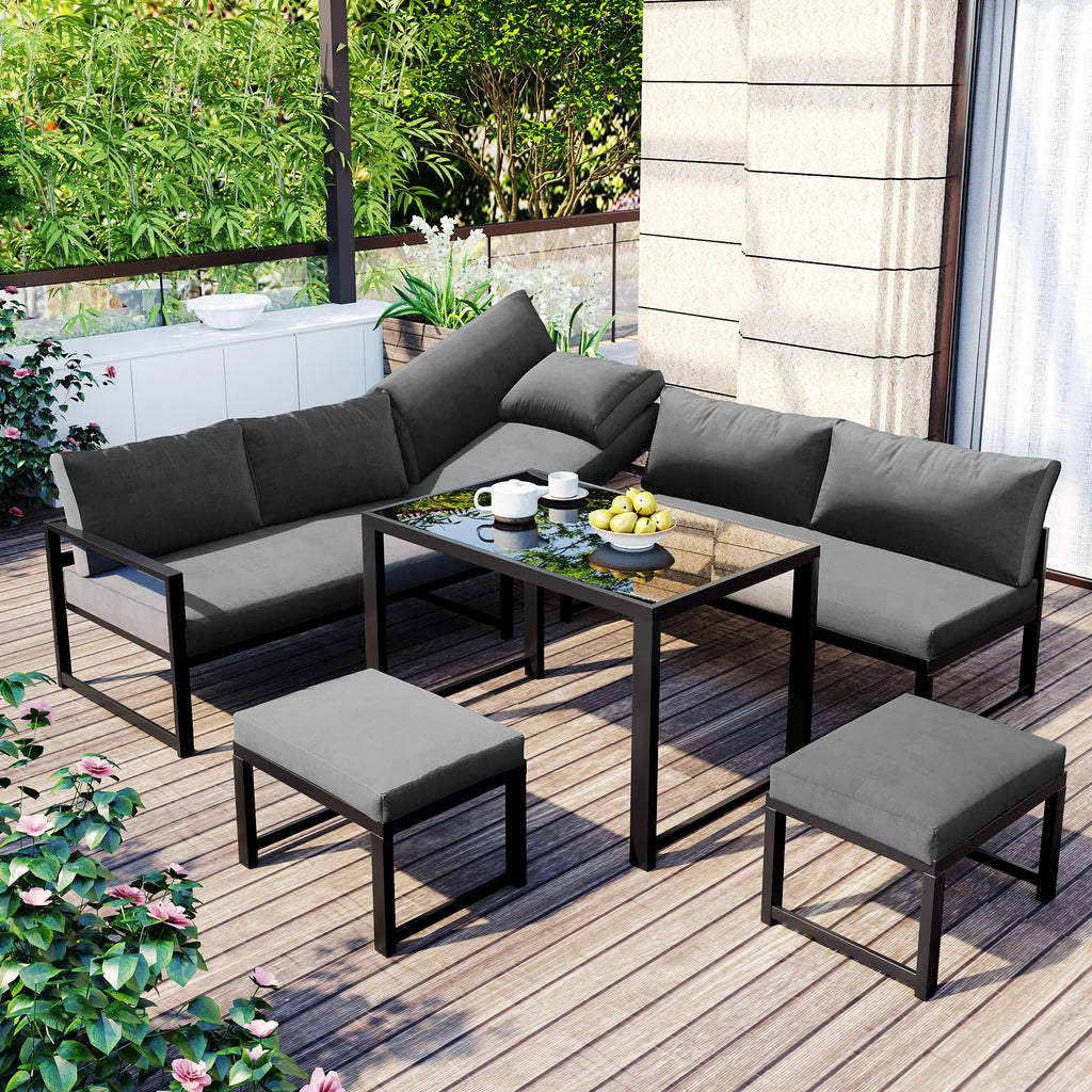 Garden Furniture Set, Aluminium seating group for garden balcony , with reclining function, 4th gear adjustable backrest, table with safety glass top, incl. soft seat and back cushions, Grey