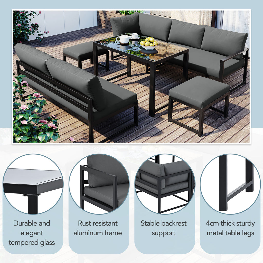 Garden Furniture Set, Aluminium seating group for garden balcony , with reclining function, 4th gear adjustable backrest, table with safety glass top, incl. soft seat and back cushions, Grey